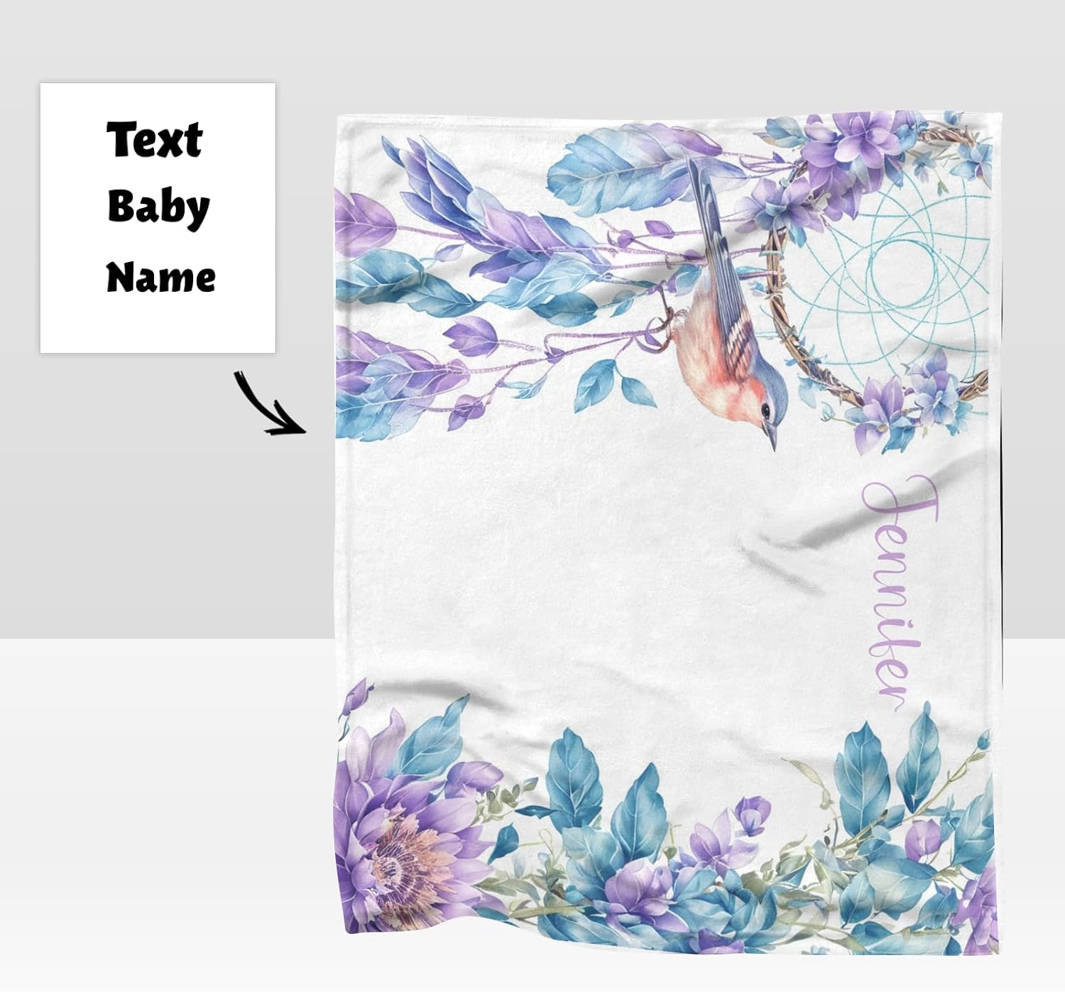 Dreamcatcher Hummingbird Floral Baby Girl Blankets with Name Custom Personalized Baby Nursery Super Soft Fleece Blanket for Boy Girl Birthday 30x40 Inches