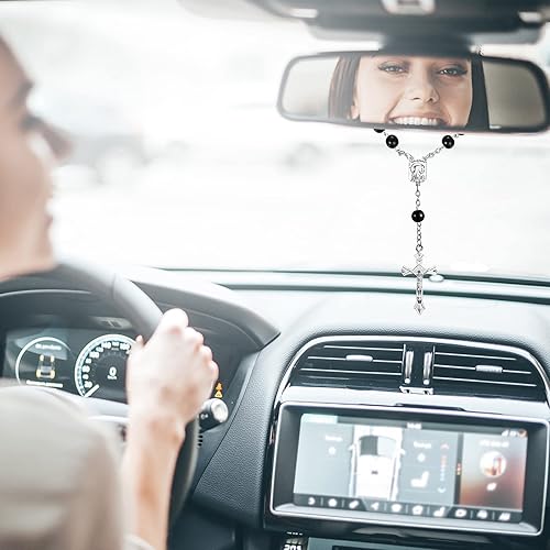 Miniatura 7 de Rosario automático para espejo retrovisor, cuentas de cristal de perlas, pulsera católica, rosario, católico, para mujeres, hombres, rosario de