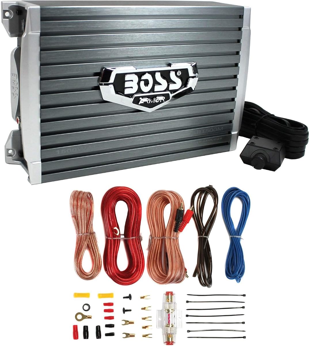Boss AR1500M Armor Series Amplificador monobloque para automóvil Clase A/B de 1500 vatios con control remoto de subwoofer y kit de cableado de instalación del amplificador AKS8