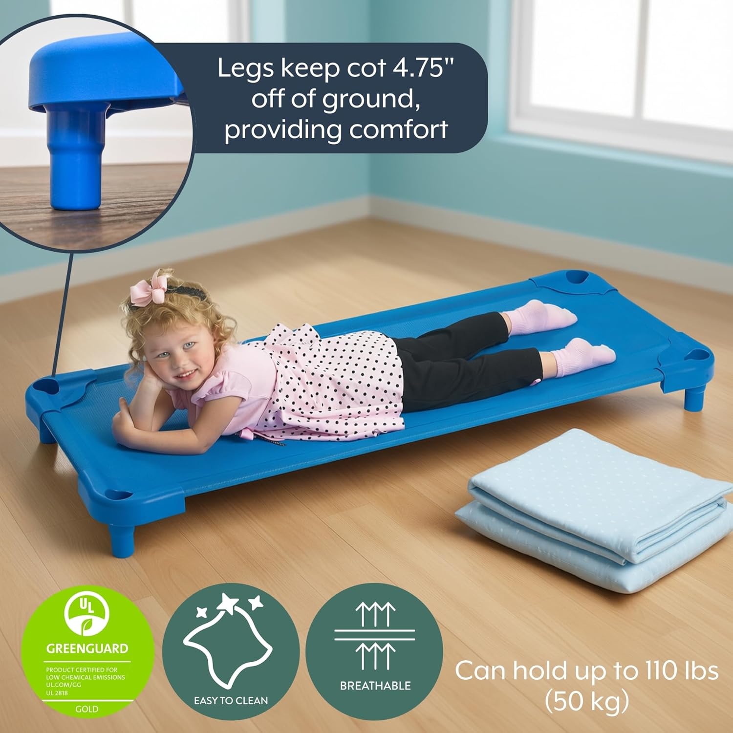 Angeles Stackable Daycare Cots, Value Line Toddler Cot 52" L x 22" W, Ready to Assemble Toddler Bed for Preschool Classroom, Standard Size, Pack of 4, Blue