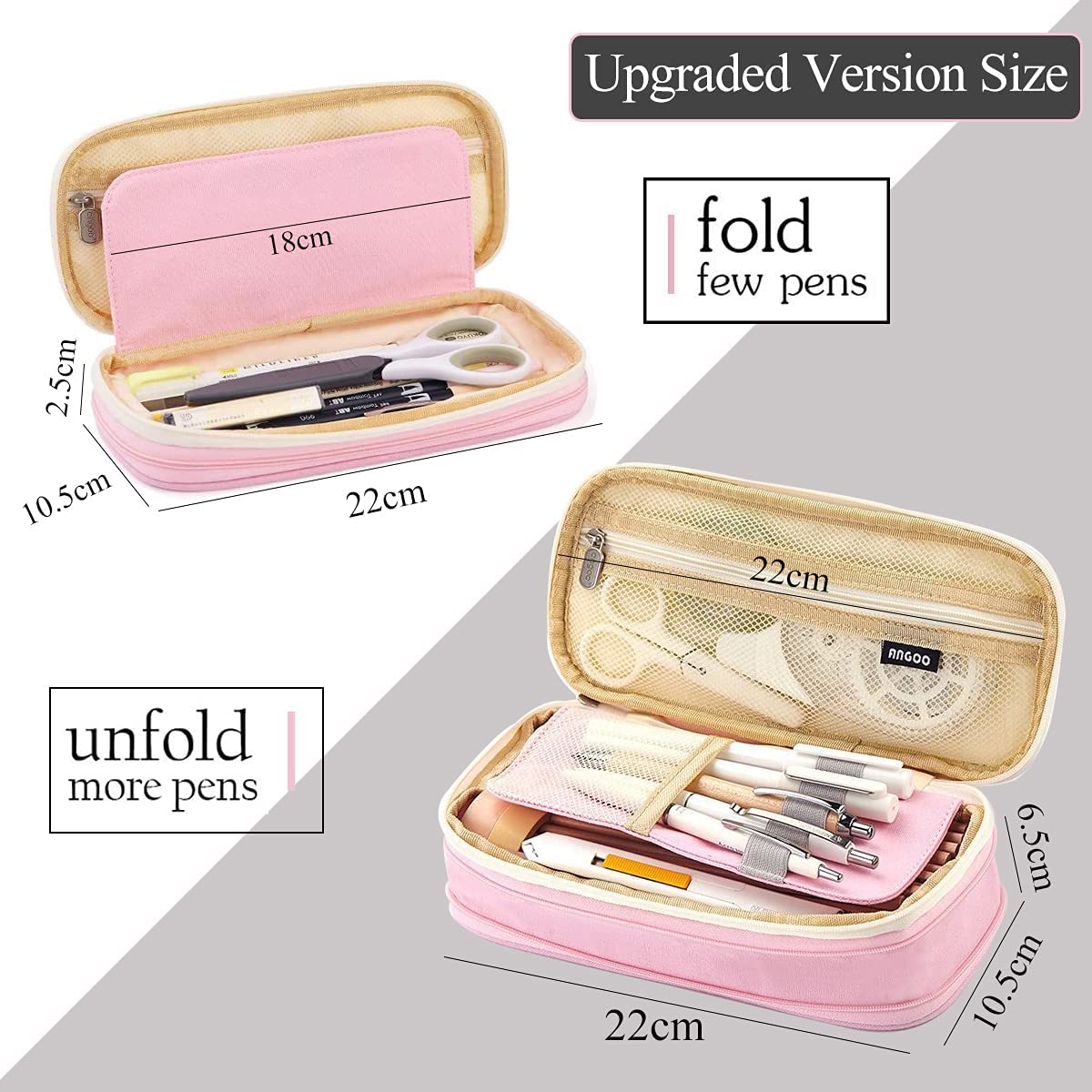 SINGARO Pencil Pouch Durable Canvas Case with Zipper Portable Pen Case for School & Office Supplies, Large Capacity Pack of 1 (Pink) 2