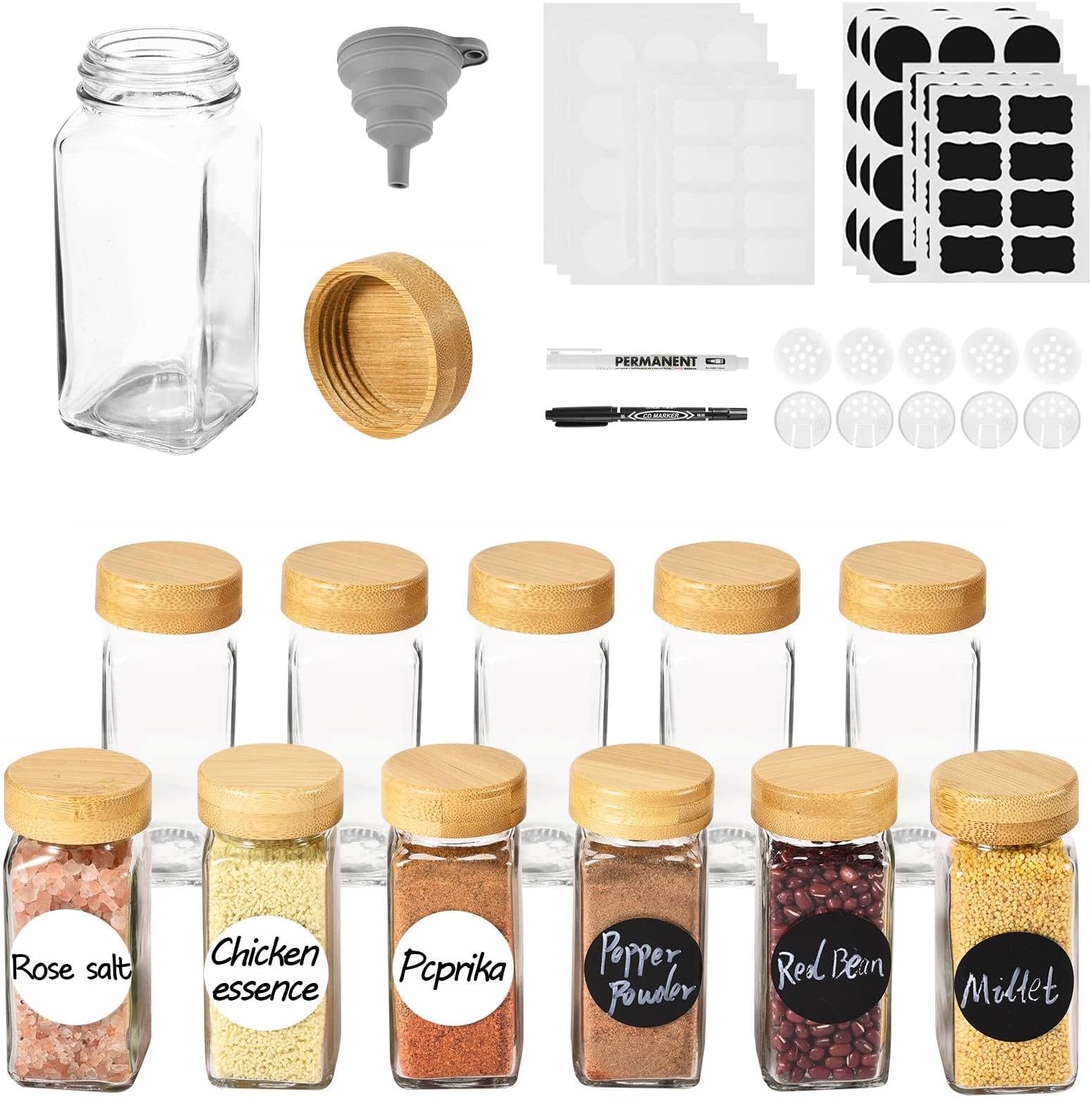 Aedlcal 6 Pack 4oz Glass Spice Jars With Bamboo Lids - Airtight Seasoning Containers Set With Labels, Funnel & Brush