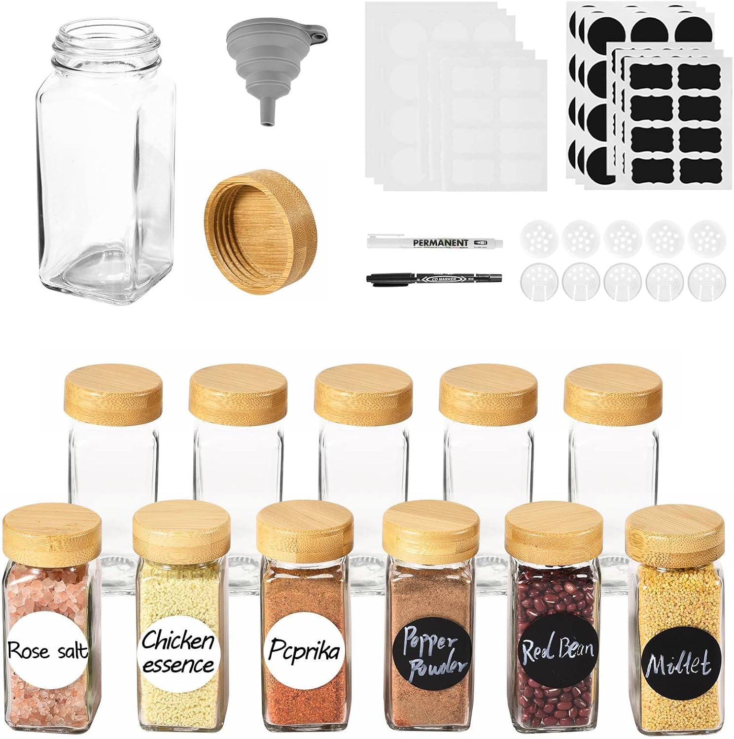 ROSNONG 12 Spice Jars with Labels, 4oz Square Glass Spice Jars with
