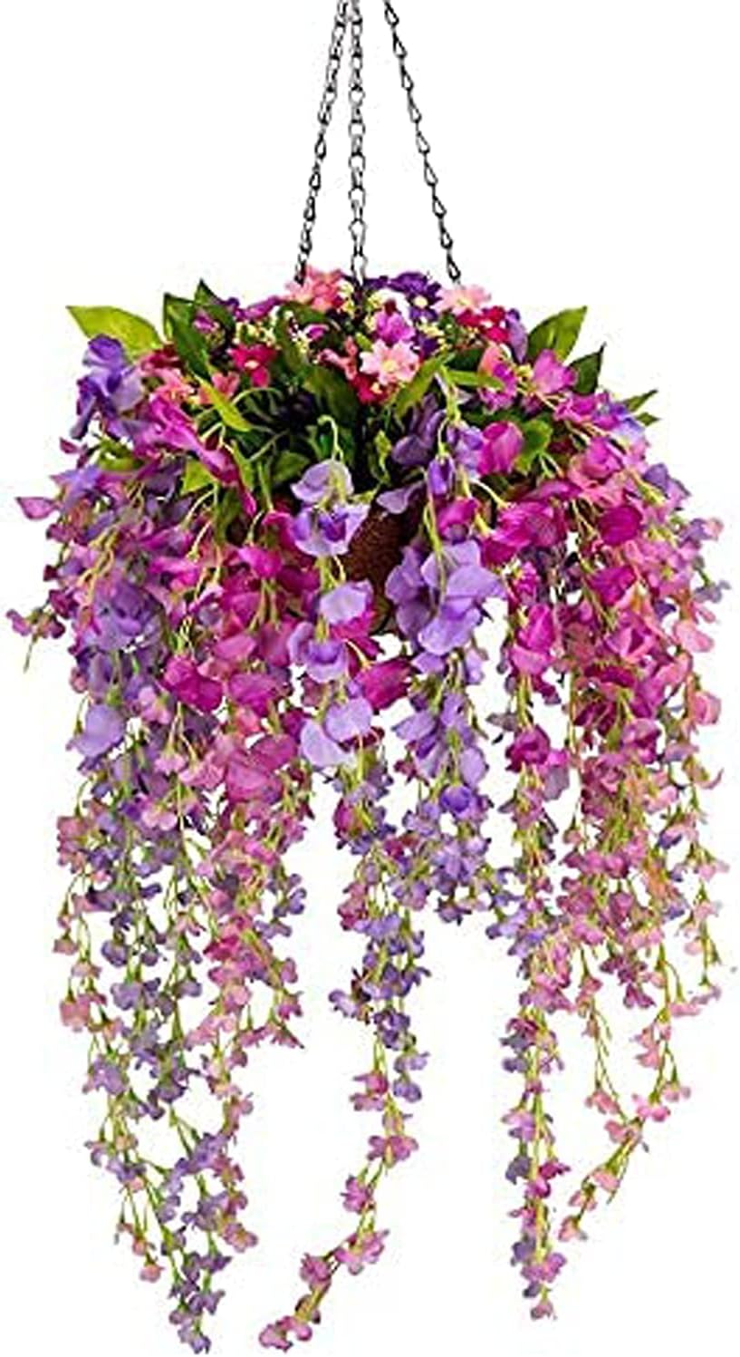 Mixiflor Artificial Flowers Hanging Basket, Fake Hanging Plant Silk Wisteria Hanging Flower, Faux Flower Arrangement for Outdoor Indoor Garden Yard Pouch Patio Indoor Home Decoration