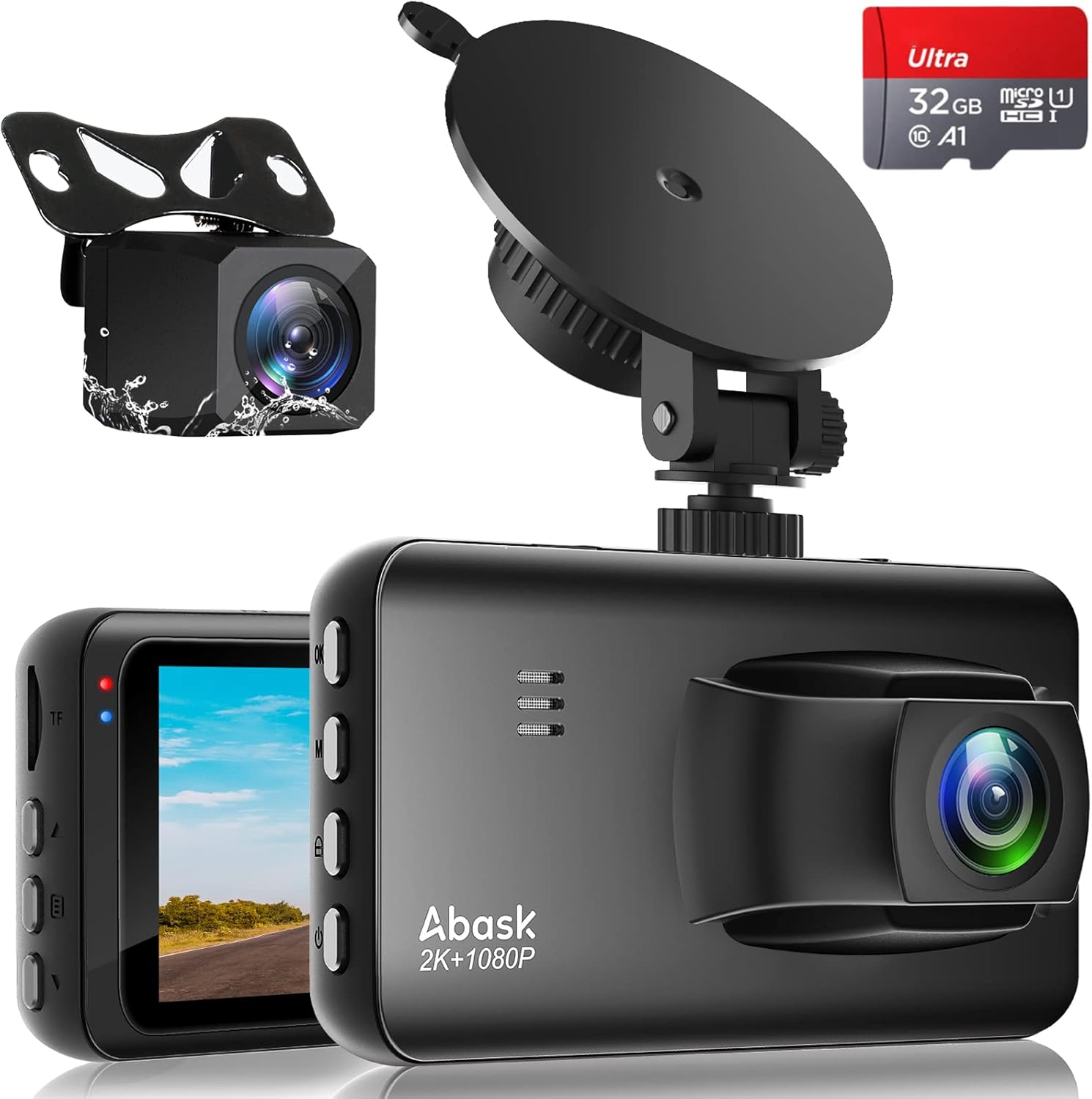 Abask M18 Dash Cam with front camera, rear camera, suction mount, and 32GB MicroSD card