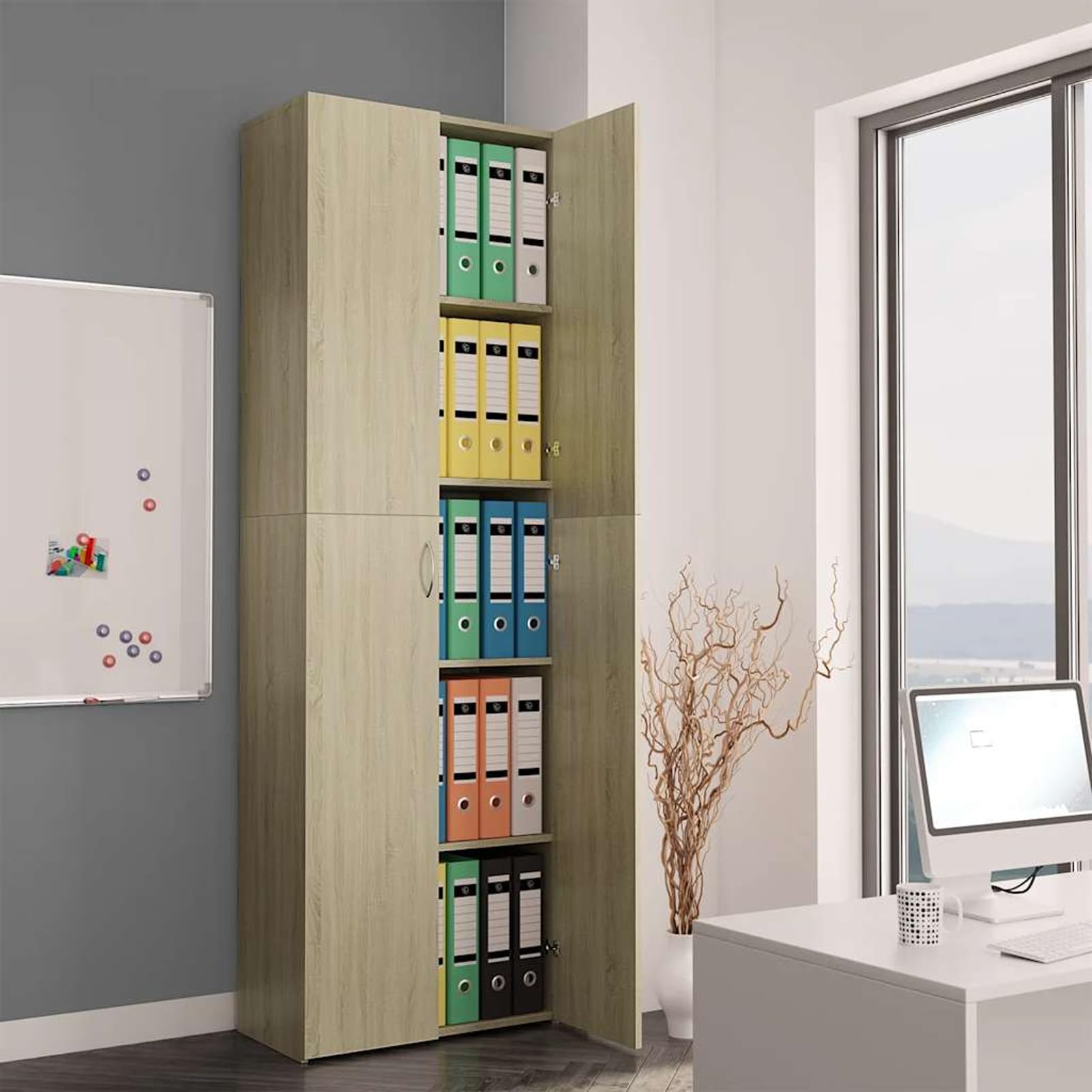 Gecheer Büroschrank, Holzwerkstoff Schrank mit 5 Regalen und 2 Türen, 60x32x190 cm, Sonoma-Eiche, für Büroorganisation und Aktenaufbewahrung