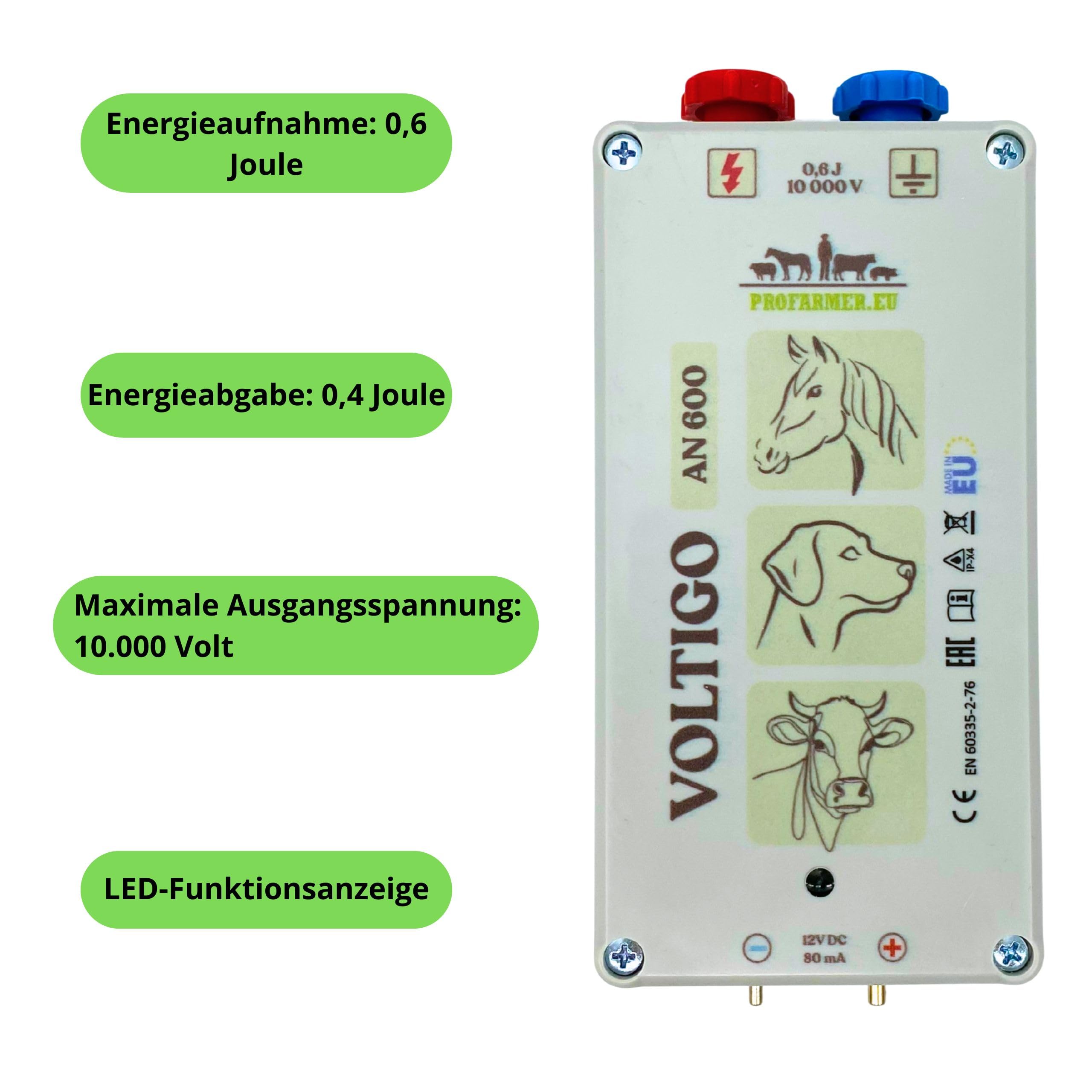 VOLTIGO AN 600 urządzenie do ogrodzenia pastwiska, 230 V/12 V, mobilne ogrodzenie elektryczne dla koni, psów, bydła, drobiu, w zestawie adapter sieciowy, kabel akumulatora 10 000 V
