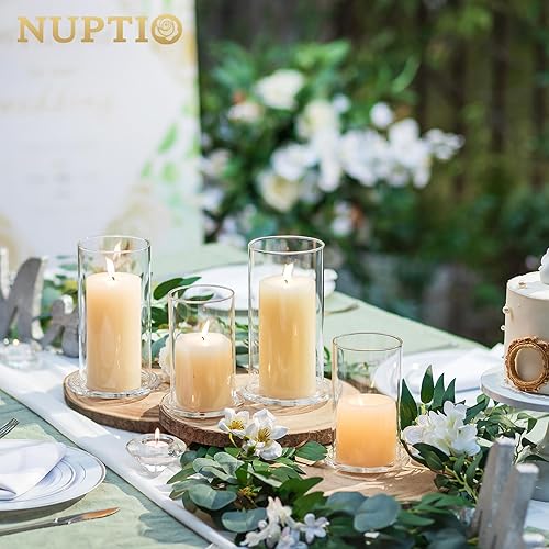 Miniatura 5 de NUPTIO Candelabro de huracán para centro de mesa juego de 2 candelabros transparentes con cilindros de extremo abierto, placas de vela de vidrio con
