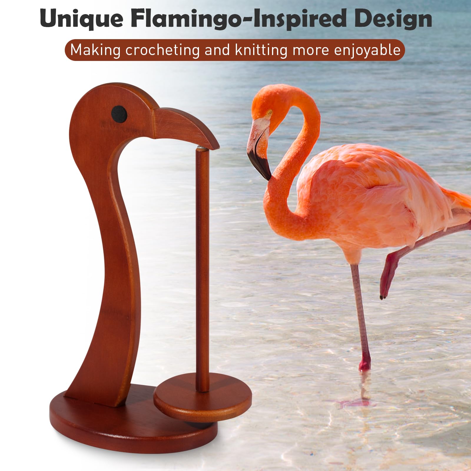 Yarn Holder for Crocheting,Magnetic Twirling Yarn Spinner with Anti-Slip Base,Flamingo-Shaped Yarn Ball Dispenser,Crochet Gift for Knitting Lovers (Mahogany)