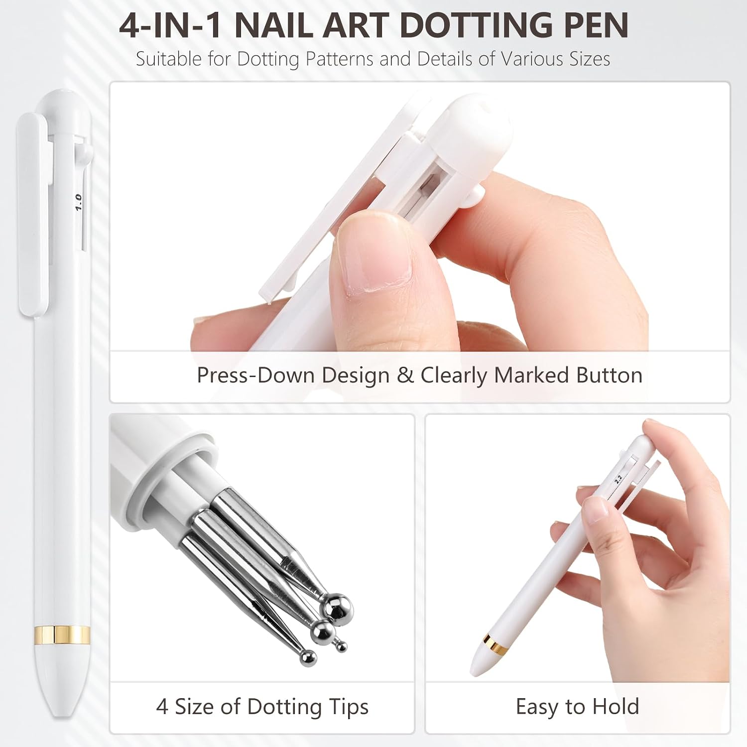SUTOKAKA 4-in-1 Nail Dotting Pen, Ballpoint Pen Design Manicure Art Tool with Size Marking Pressing Head for Painting, Sculpting, Gems DIY Home Manicure Salon
