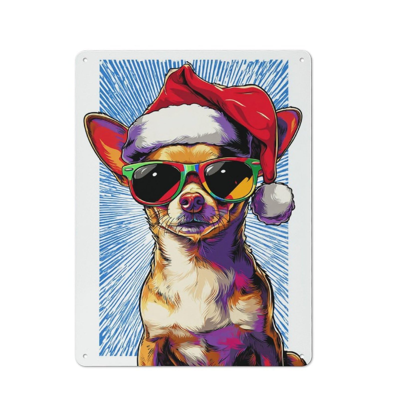 Junmoney Chihuahua In Santa Hat Festive Fun Retro-Style Metal Sign 40X30cm For Garage Or Workshop, A Moving-Home Gift For Collectors Of Tin Signs
