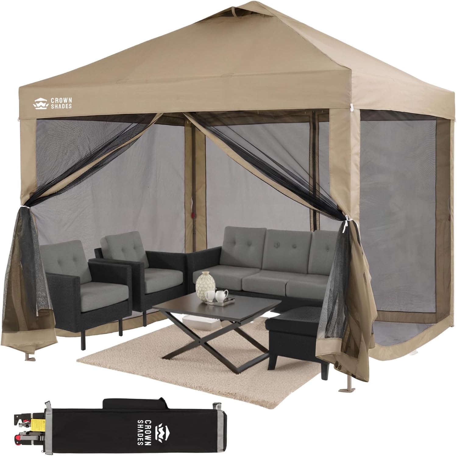 CROWN SHADES Gazebo 10x10 Pop Up Canopy with Mosquito Netting, Beige | Screen Tent with 4 Ropes, 8 Stakes, 4 Sandbags and Wheeled Storage Bag, Canopy for Patio & Backyard Parties, Camping&Events