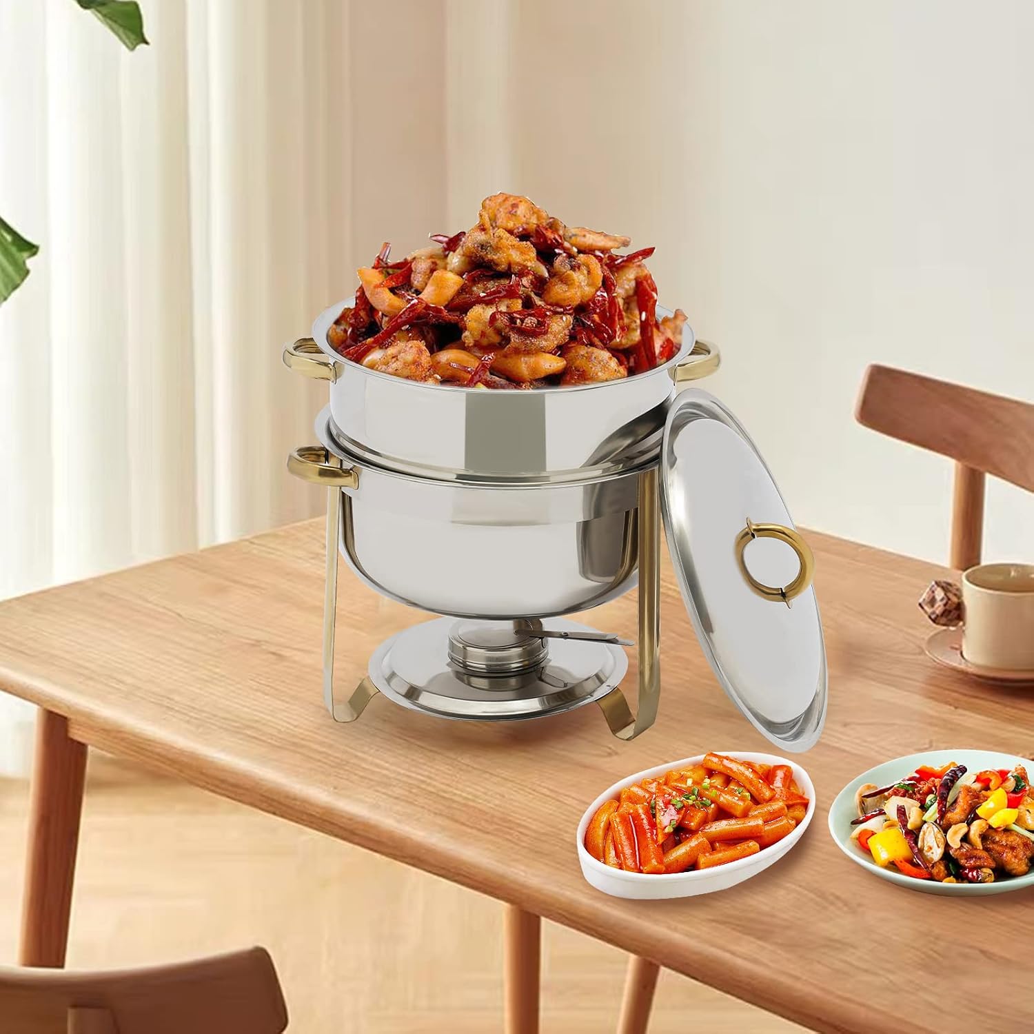 Chafing Dishes for Buffet, Full Size Round Stainless Steel Chafing Dish Set, 14 Qt Soup Warmer Hot Pot 2-Tier Chafer Catering Supplies with Water Pan Food Warmers for Kitchen