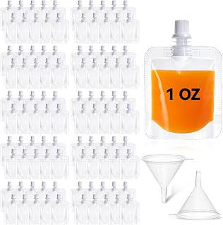 100 Pcs Plastic Drink Pouches Bulk, 1 oz Reusable Drink Pouches with Funnel, Leakproof Squeeze Juice Pouch for Travel, Clear Spouted Food Grade Drinking Bags for Liquid