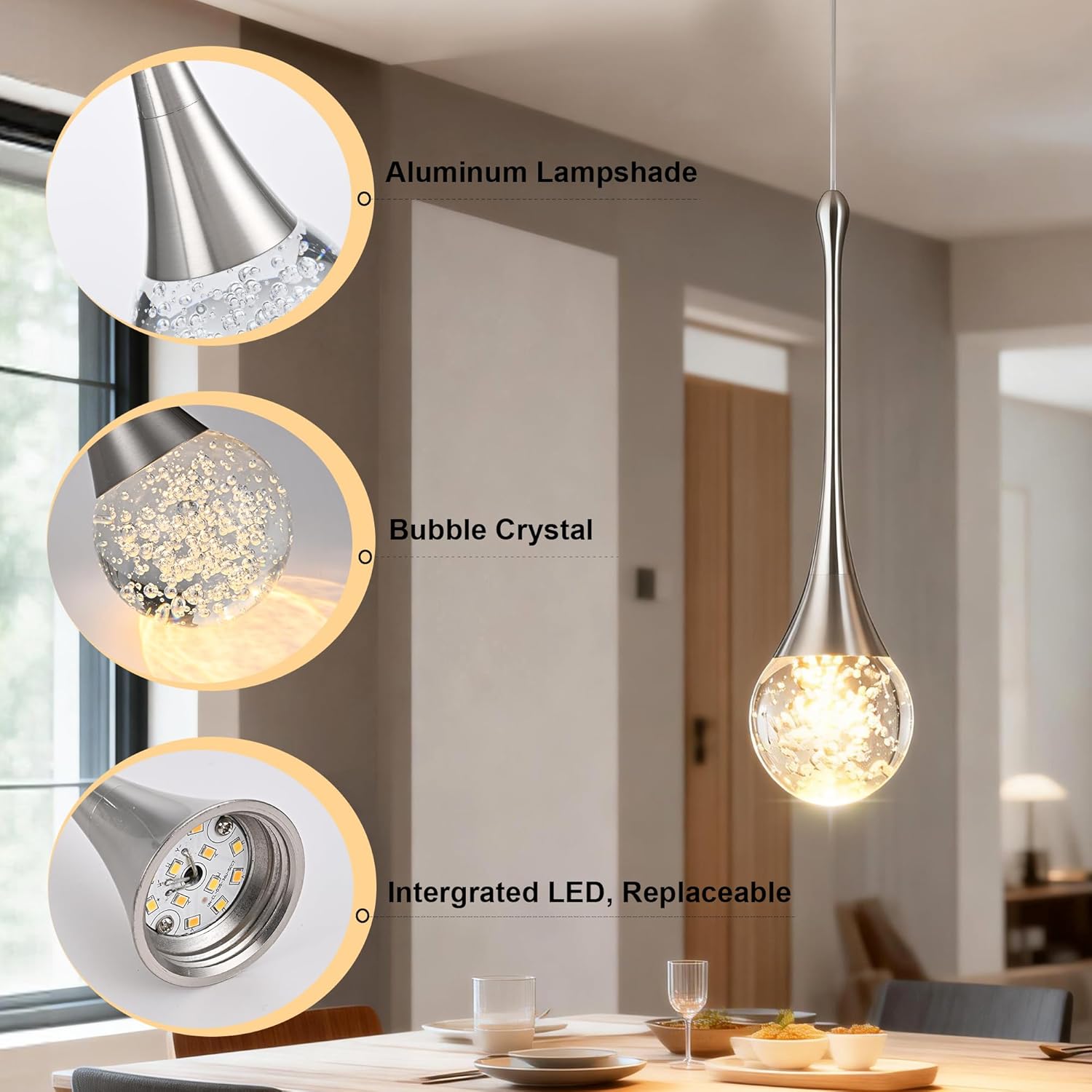 VINLUZ 3-Light Modern Crystal Chandelier, Dimmable LED Bubble Raindrop Brushed Nickel Pendant Lighting Fixture, Luxury Elegant Adjustable Spiral Ceiling Light for Entryway Living Room Island