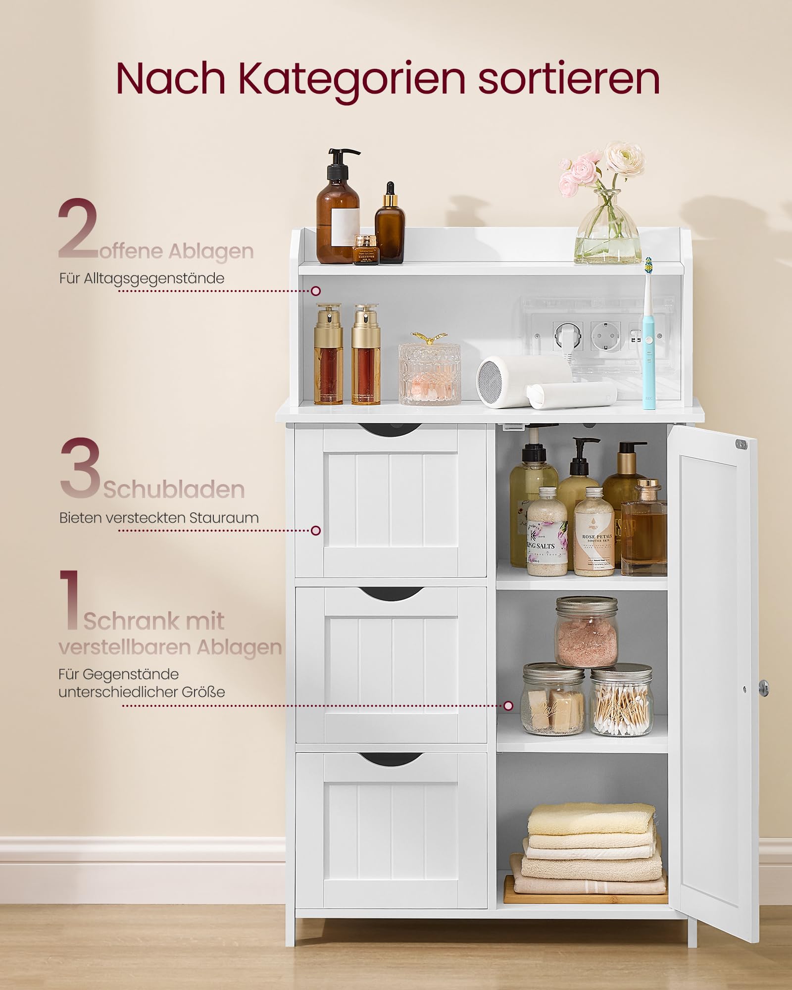 VASAGLE Badezimmerschrank, Badschrank, stehend, mit Tür, Steckdosenleiste, Schubladen, Schrank für Toilettenpapier, Toilettenschrank, verstellbare Ablagen, 30 x 60 x 100 cm, wolkenweiß BBC775W03