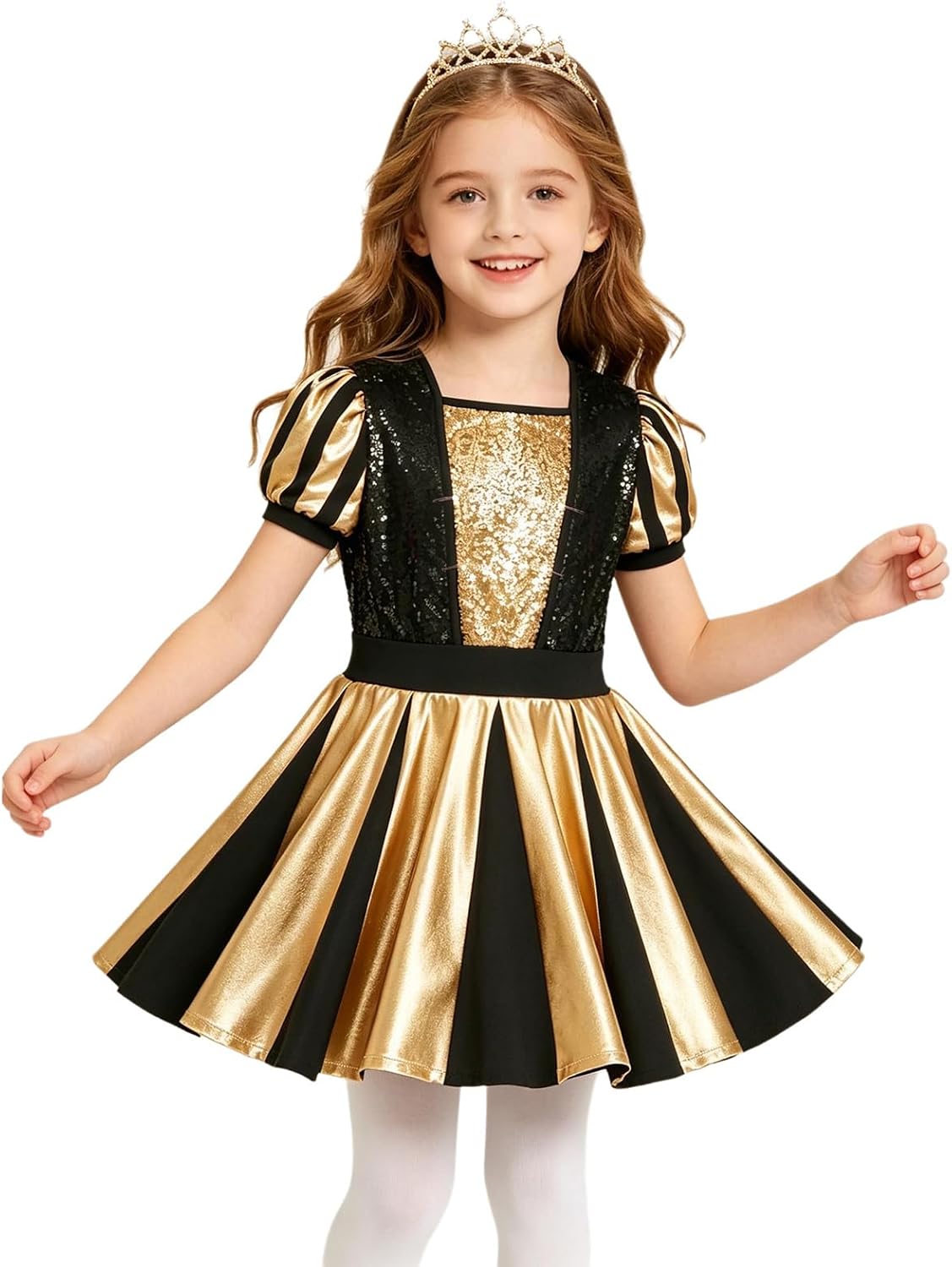 Loyan Kids Girls Musical Dance Dress Color Block for Stage Performance Shiny Sequins A Line Dresses