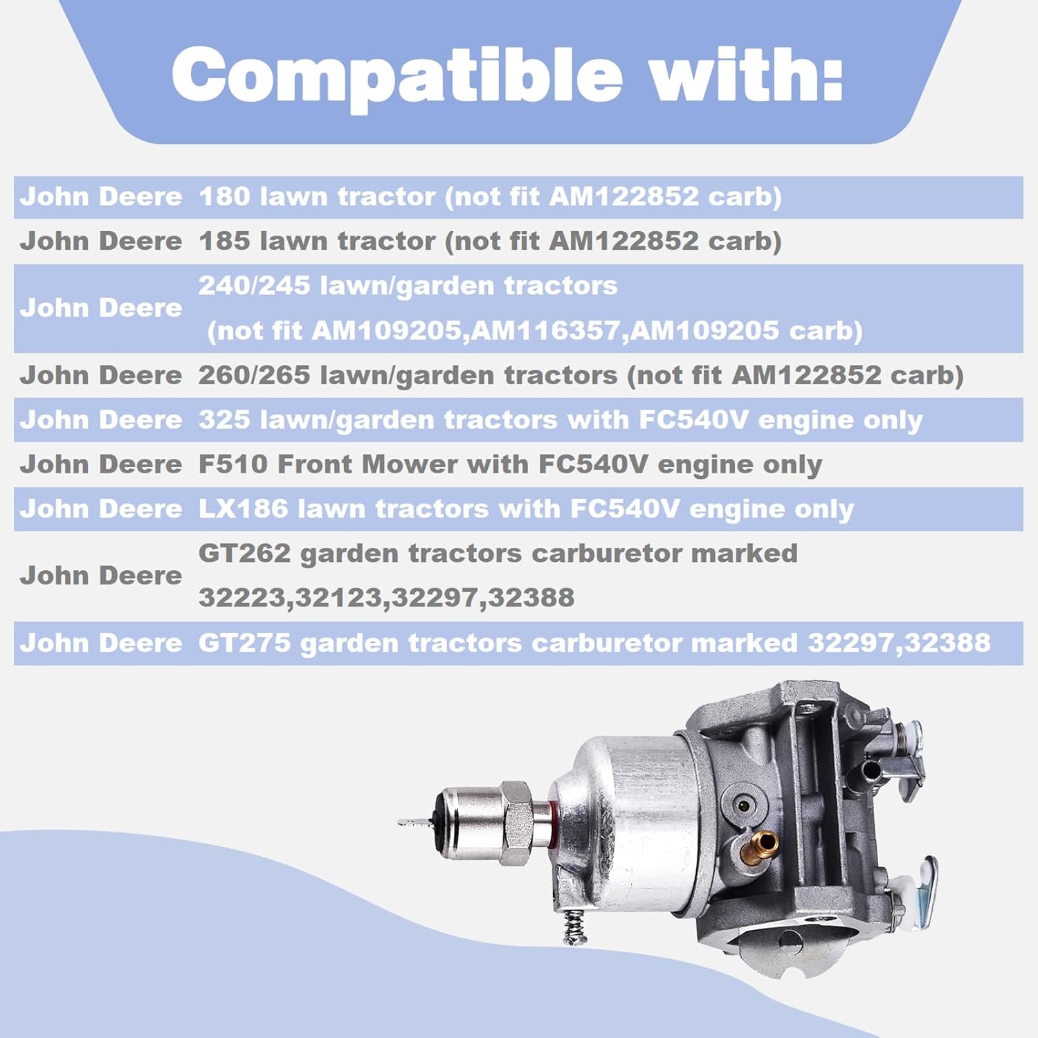 AM122605 Carburetor Assy with Gasket Compatible with John Deere 180 185 240 245 260 265 LX186 GT262 GT275 325 Carb