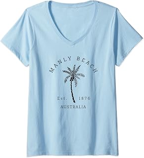 Womens Retro Cool Manly Beach Australia Palm Tree Novelty Art V-Neck T-Shirt