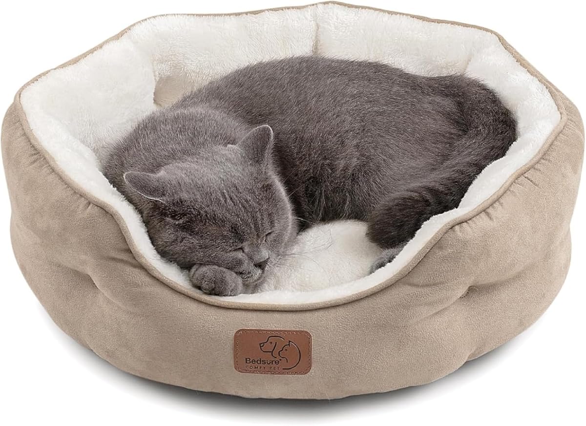 Bedsure Dog Beds for Small Dogs - Round Cat Beds for Indoor Cats, Washable Pet Bed for Puppy and Kitten with Slip-Resistant Bottom, 20 Inches, Camel