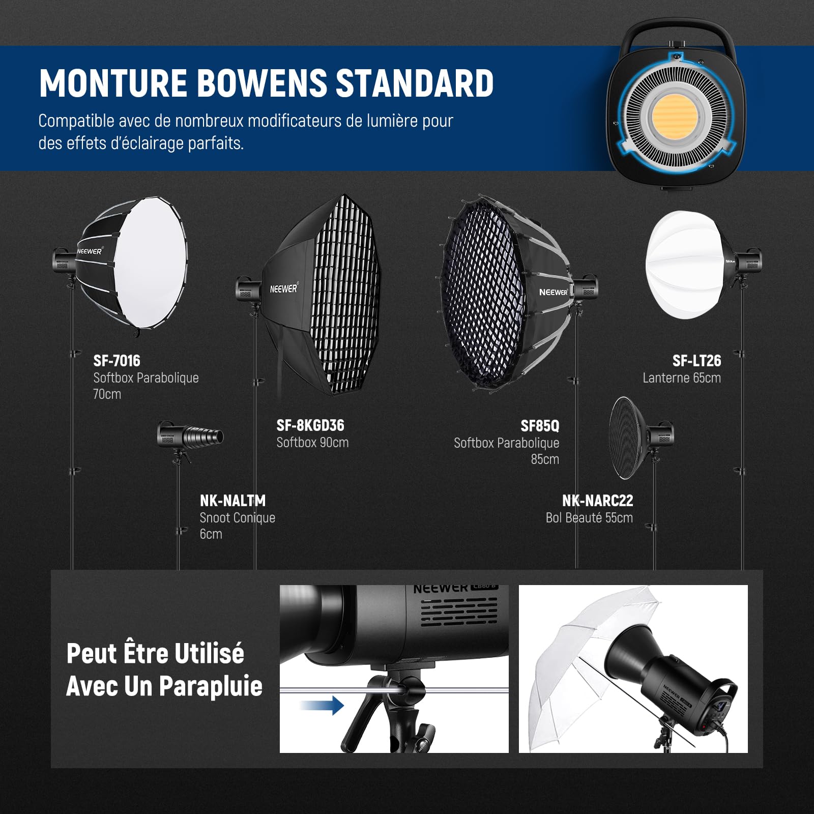 NEEWER CB60B 70W COB Video Light avec 2.4G/Application Contrôle à Distance, Bicolore Éclairage Continu LED, Monture Bowens Lumière Photo Studio