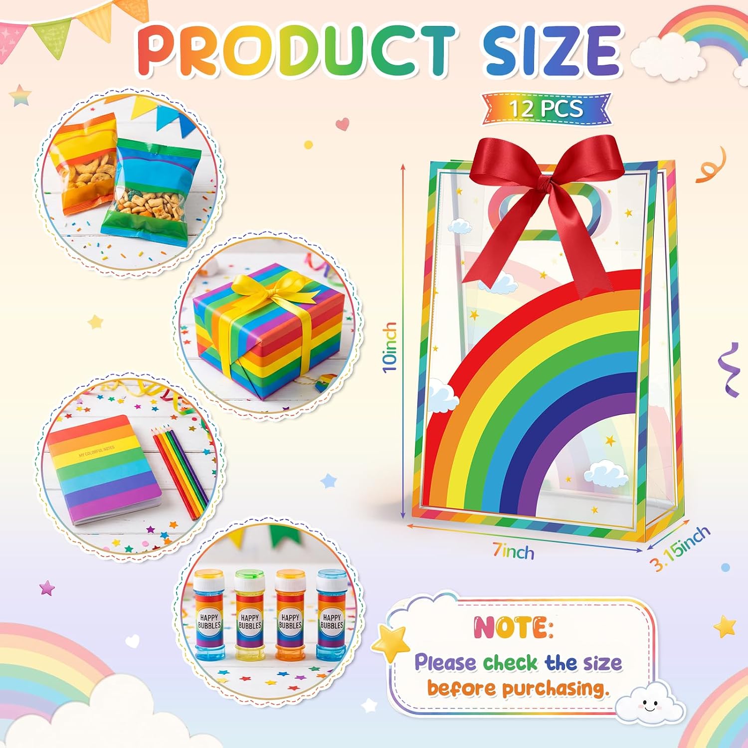 Aliceset 12 Pcs Rainbow Gift Bags with Handle Colorful Ribbon, 10x7x3.15'' image 2