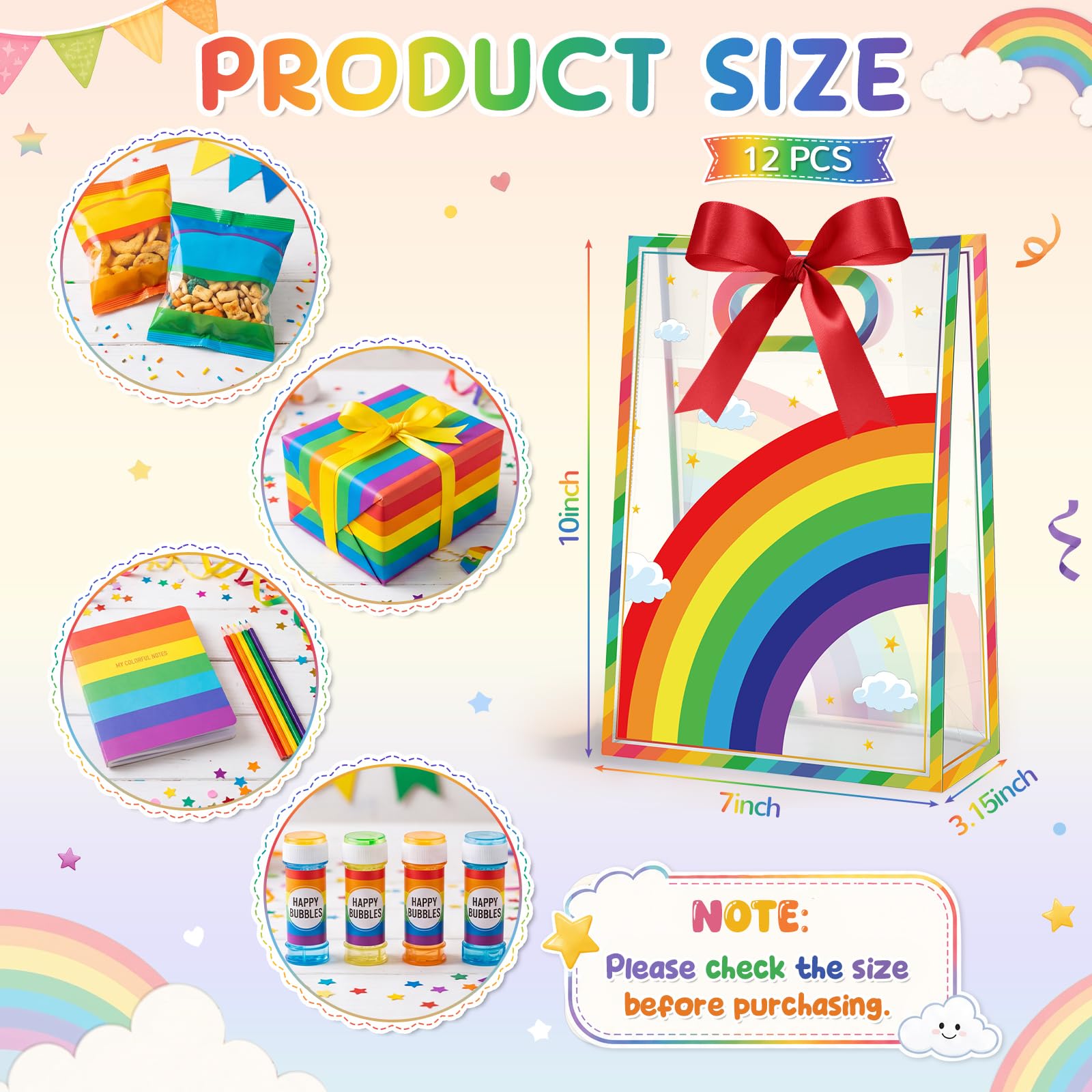 Aliceset 12 Pcs Rainbow Party Clear Goodie Bags with Handles Rainbow Theme Favor Bags with Ribbon Colorful Wrapping for Birthday Gay Pride Baby Shower Candy Snack Treat Wrapping Supplies, 10x7x3.15''