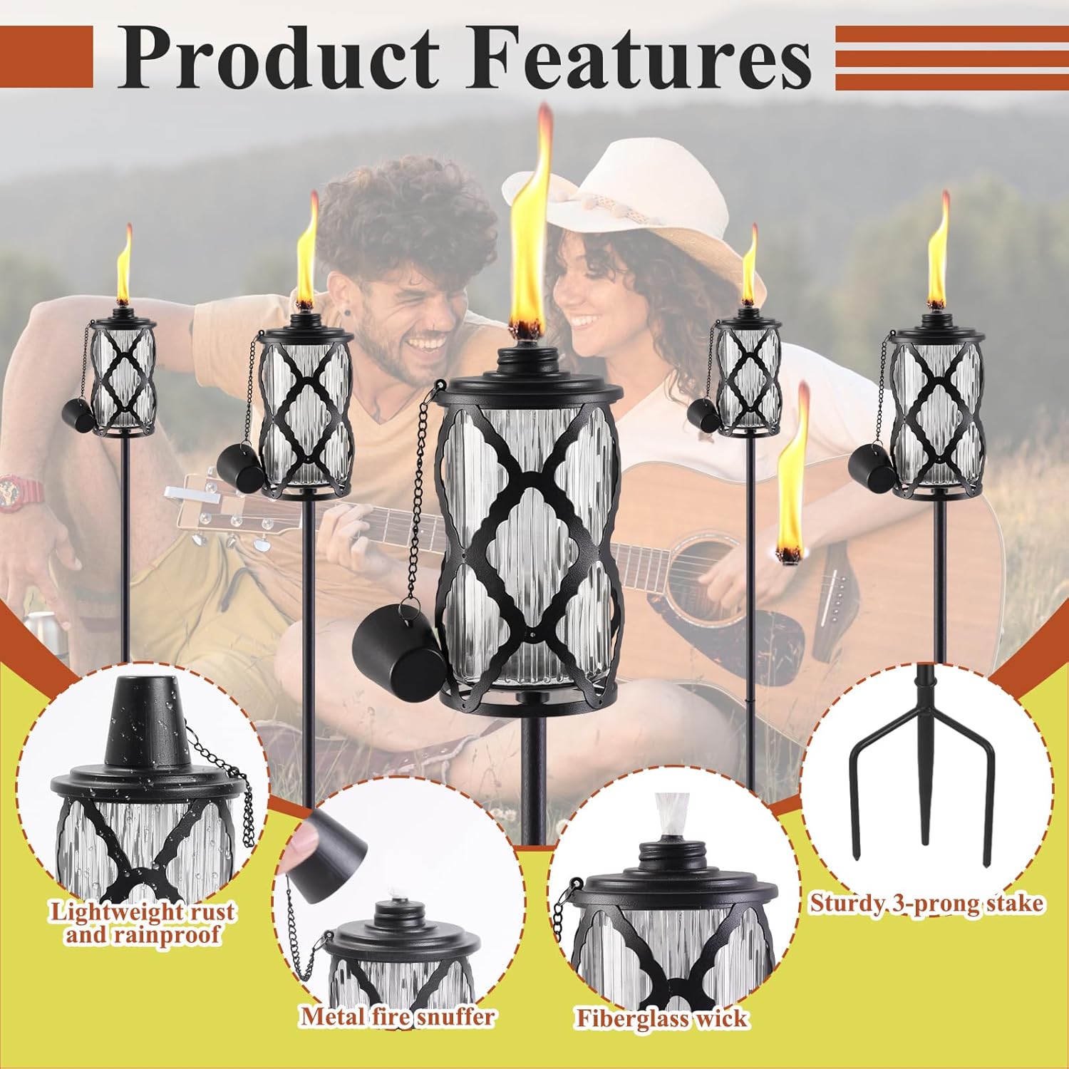 4 Pack Glass Citronella Torches, 16 oz Garden Torches for Outside, 55 inch Outdoor Clear Glass Citronella Torches with 3-Prong Grounded Stake for Garden, Patio, Party, Landscape Decor