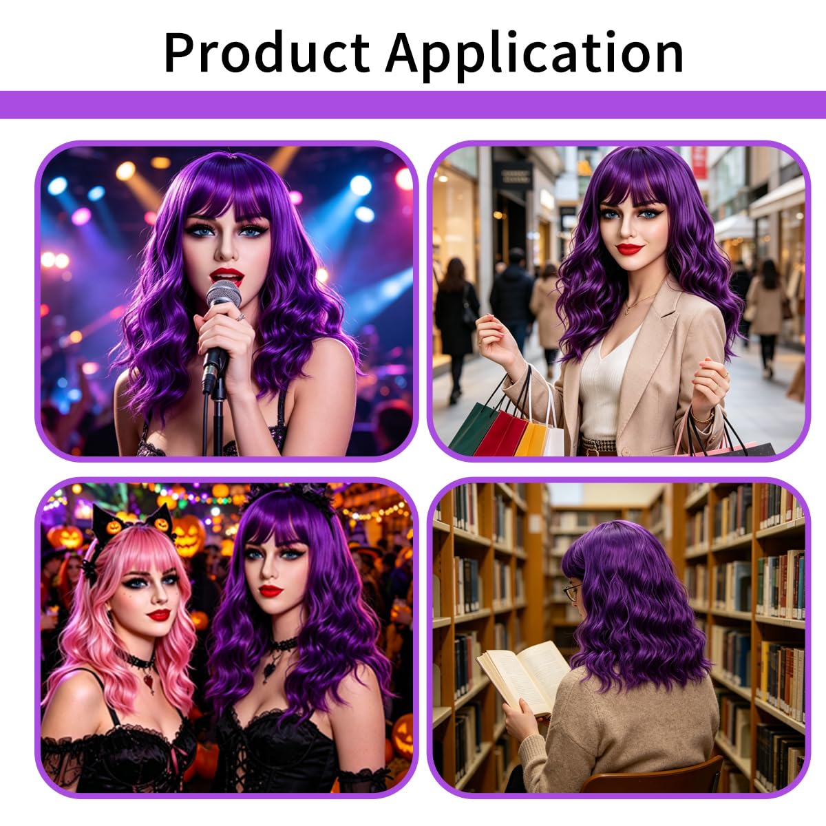Purple Wig with Bangs for Women 14 Inch Short Wavy Bob Wigs Synthetic Colorful Wig Cosplay Wig for Girl Colorful Costume Wigs
