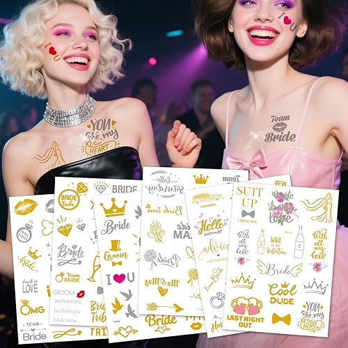 6 hojas de tatuajes temporales dorados y plateados para mujeres y hombres, calcomanías metálicas para despedidas de soltera, despedidas de soltera,