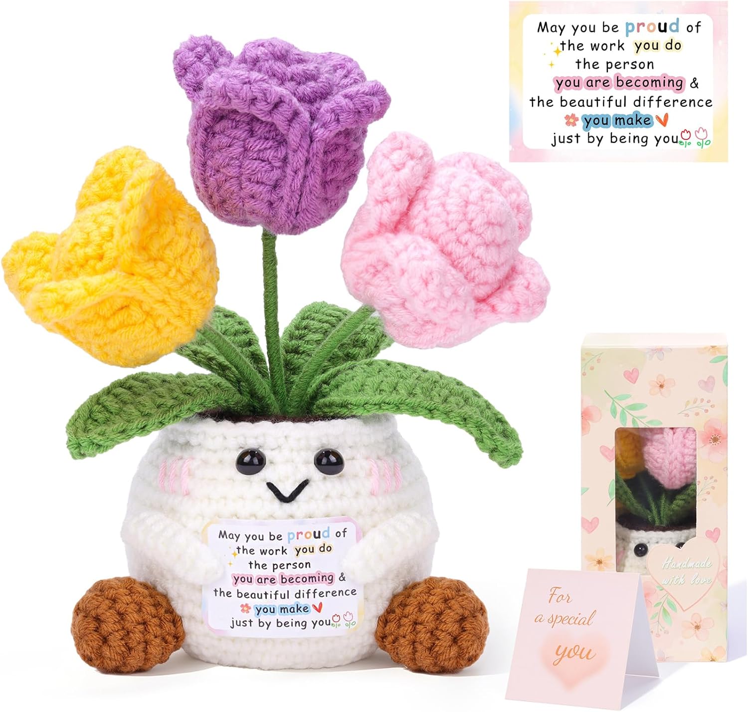 QINJIEJIE Positive Tulip Crochet Flower Thank You Gifts for Women Men