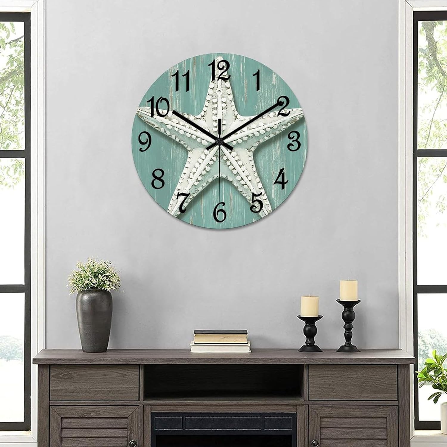 Funlucy Starfish Wall Clock Ocean Time Coastal Battery Operated Silent Non-Ticking PVC Clock 15x15 Inch for Home Kitchen Bathroom Bedroom Living Room Decor