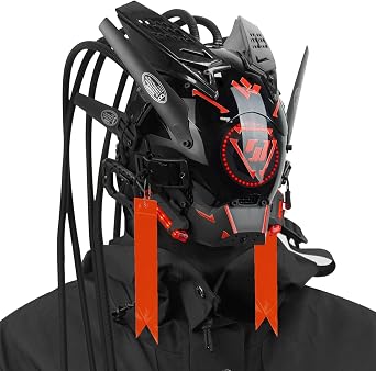 foymi Punk Helmet Mask Round LED Light with Braids, 6 Punk Stickers, Futuristic Mask for Cosplay, Music Festival,Halloween