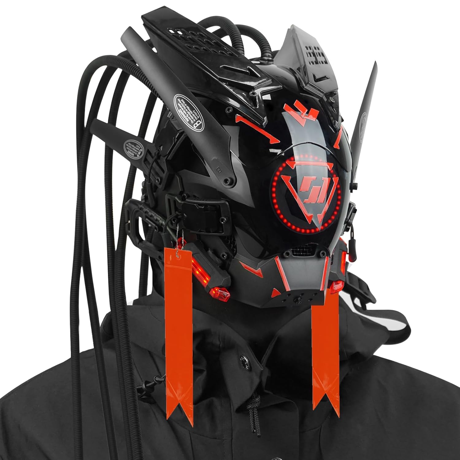 Punk Helmet Mask Round Light LED Light with Braids 6 Punk Stickers Futuristic Mask for Cosplay Music Festival