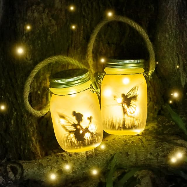 MLOQI 2 Pack Solar Lantern for Garden Waterproof Hanging Solar Fairy Lights Halloween Decorations Glass Mason Jar LED Lamp for Outdoor Indoor Christmas Xmas Gifts for Kids AdultWarm White