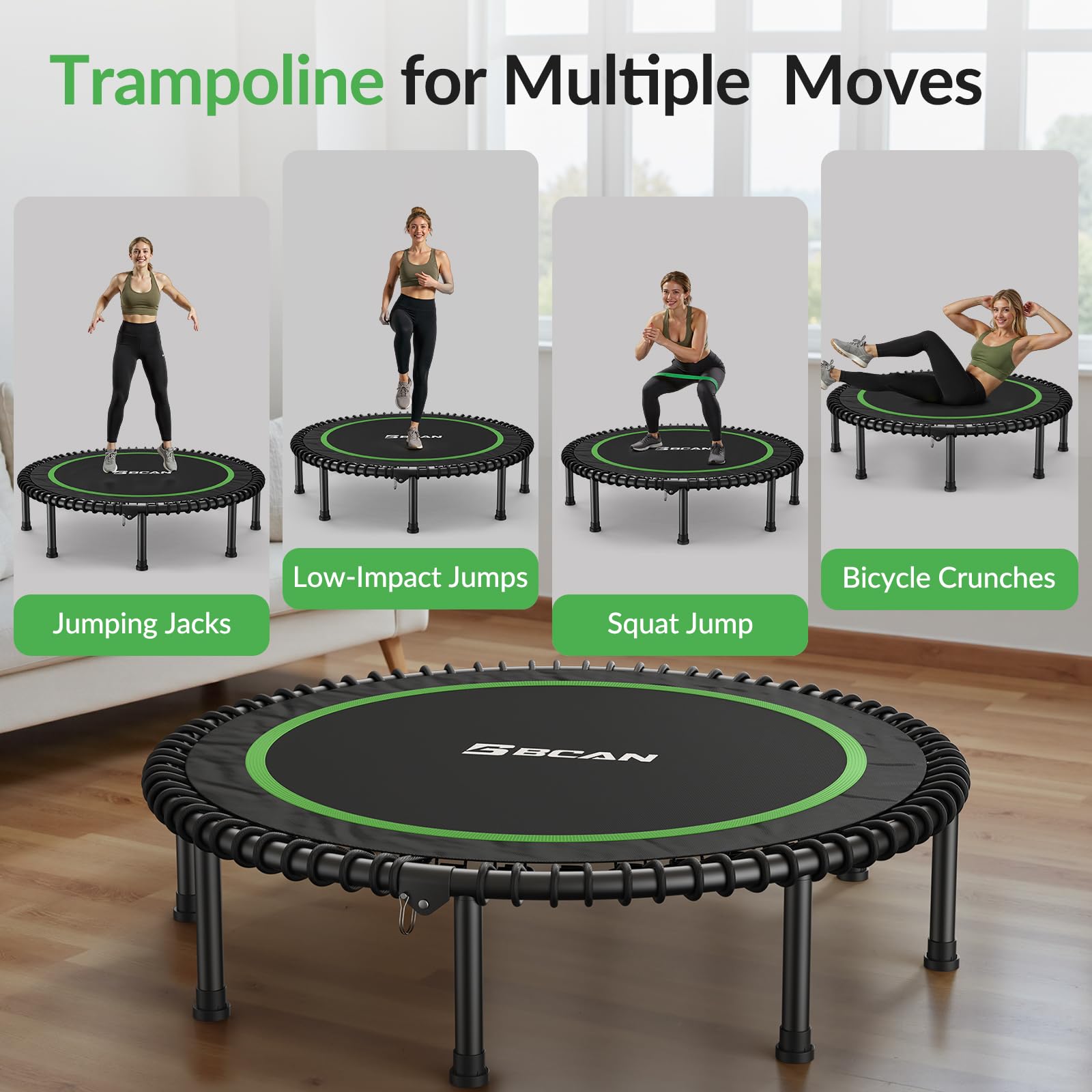 BCAN Fitness Indoor-Trampolin, Ø 102/122 cm Durchmesser, Bungee/Feder-Minitrampolin, geeignet für Erwachsene bis 204/250 kg, Bodentrampolin mit verstellbaren Griffen, leise und vibrationsarm