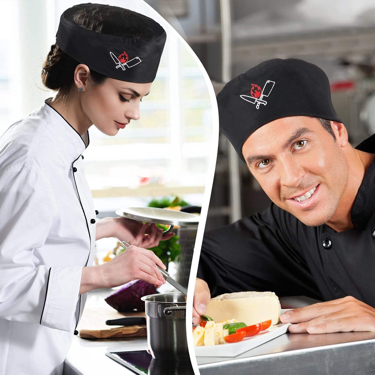 4 Pieces Unisex Chef Hat Mesh Top Skull Fabric Chef Hat Kitchen Cooking Beanie for Adults Mixed Color One Size - Image 5