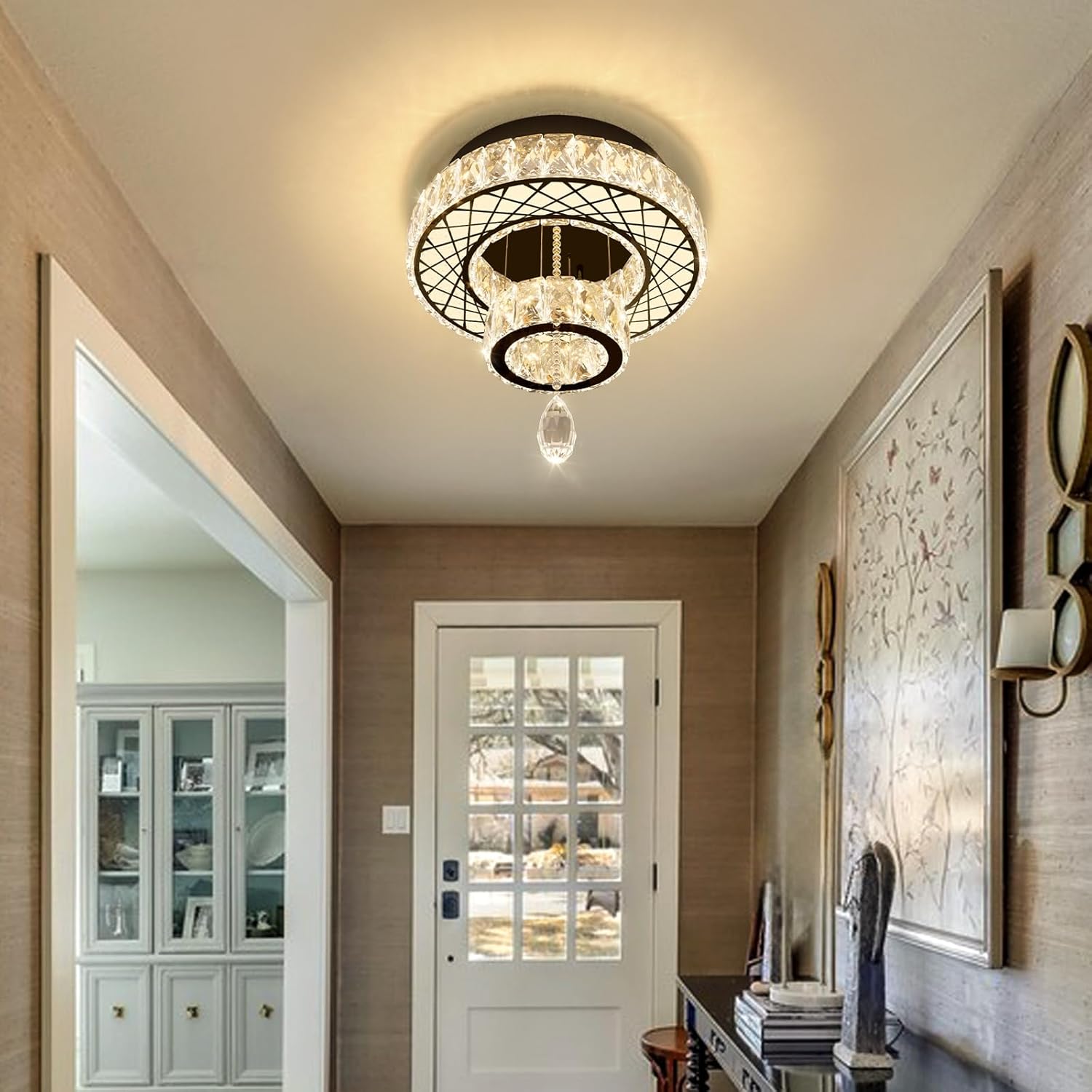 HAIXIANG Modern Flush Ceiling Chandelier Bedroom Light Fixtures Crystal Flat Sloping Ceiling Lights for Hallway Kitchen Dining Room Dimmable Light with Remote Black