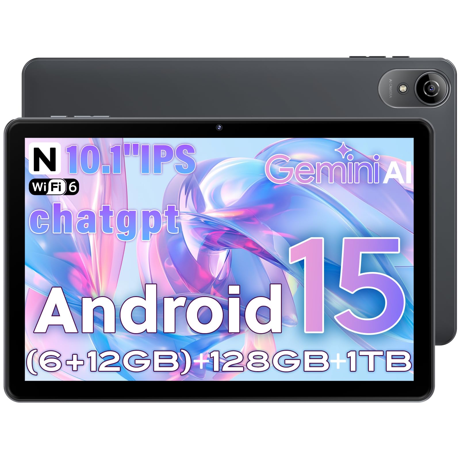 Tablet Android 15 10 Pollici, 18GB RAM (6+12) + 128GB, Octa-Core T30, 1TB Espandibile, WiFi 6, Batteria 6000mAh, Display IPS HD, Widevine L1, GPS, Tablet per Streaming, Grigio