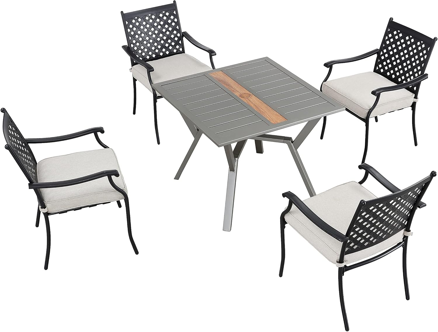 LOKATSE HOME 5 Pieces Outdoor Dining Set Patio Metal Chairs with Cushion and Square Table with Umbrella Hole