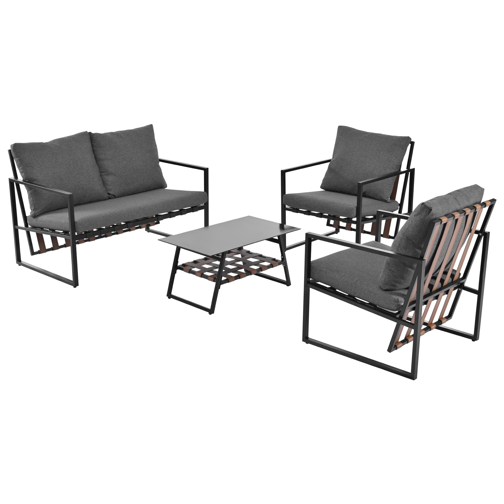 4 Sitzer Lounge Möbel Outdoor mit Couchtische, 2 Sessel, Schwarz | Garten Loungemöbel Set mit Doppelsofa, Gartenlounge Outdoor, Balkon Sofa, Abnehmbarer und Waschbarer Stoffbezug, Schwarz