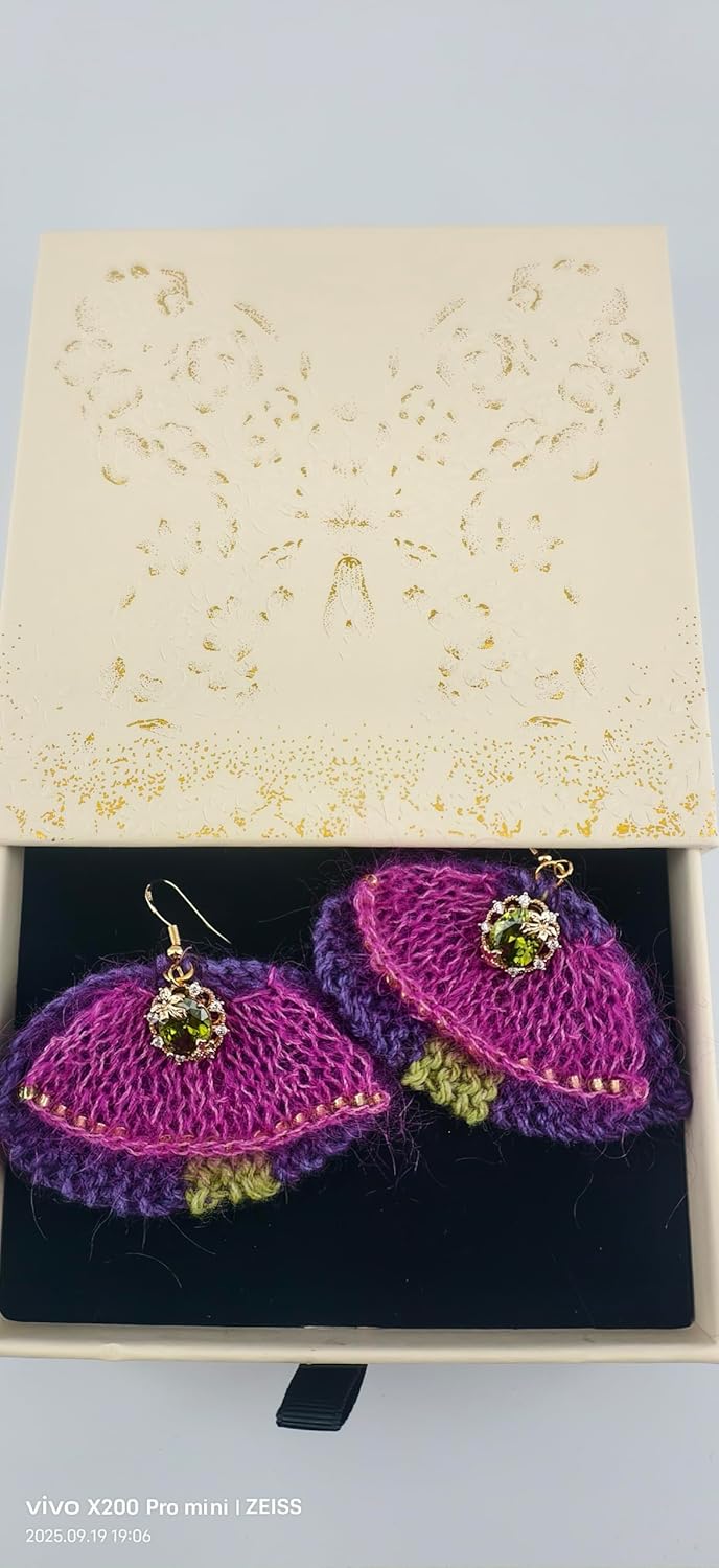 Handmade Knitted Earrings, Purple and Green, Mohair Silk Wool Cotton Blend, Fan-Shaped Design with Crystal Accent, Dangle Style - Image 5