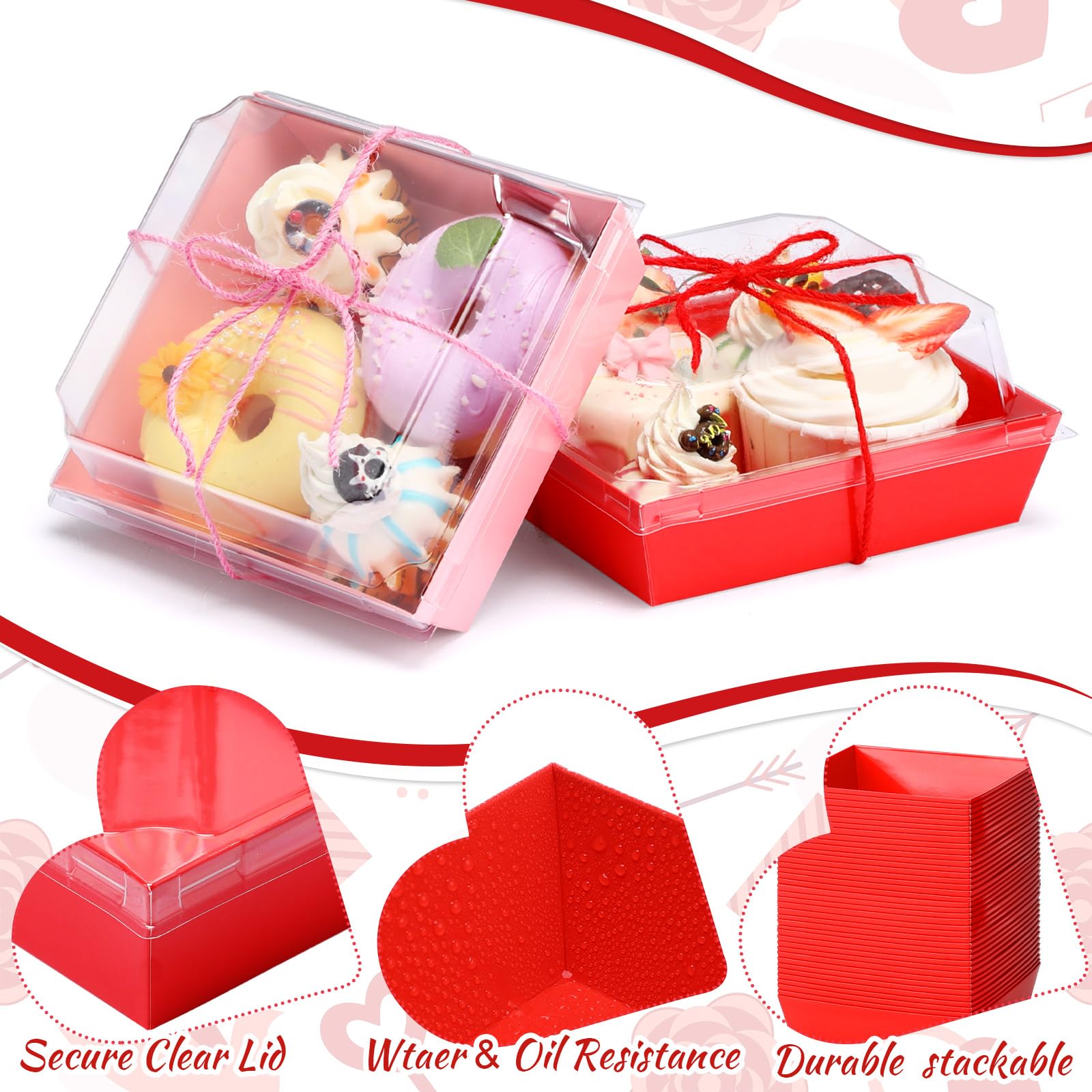 Layhit Confezione da 150 scatole per salumi di San Valentino, con coperchio trasparente e corda, 12,7 cm, quadrate, usa e getta, scatole per dessert, scatole per alimenti, biscotti, contenitori per