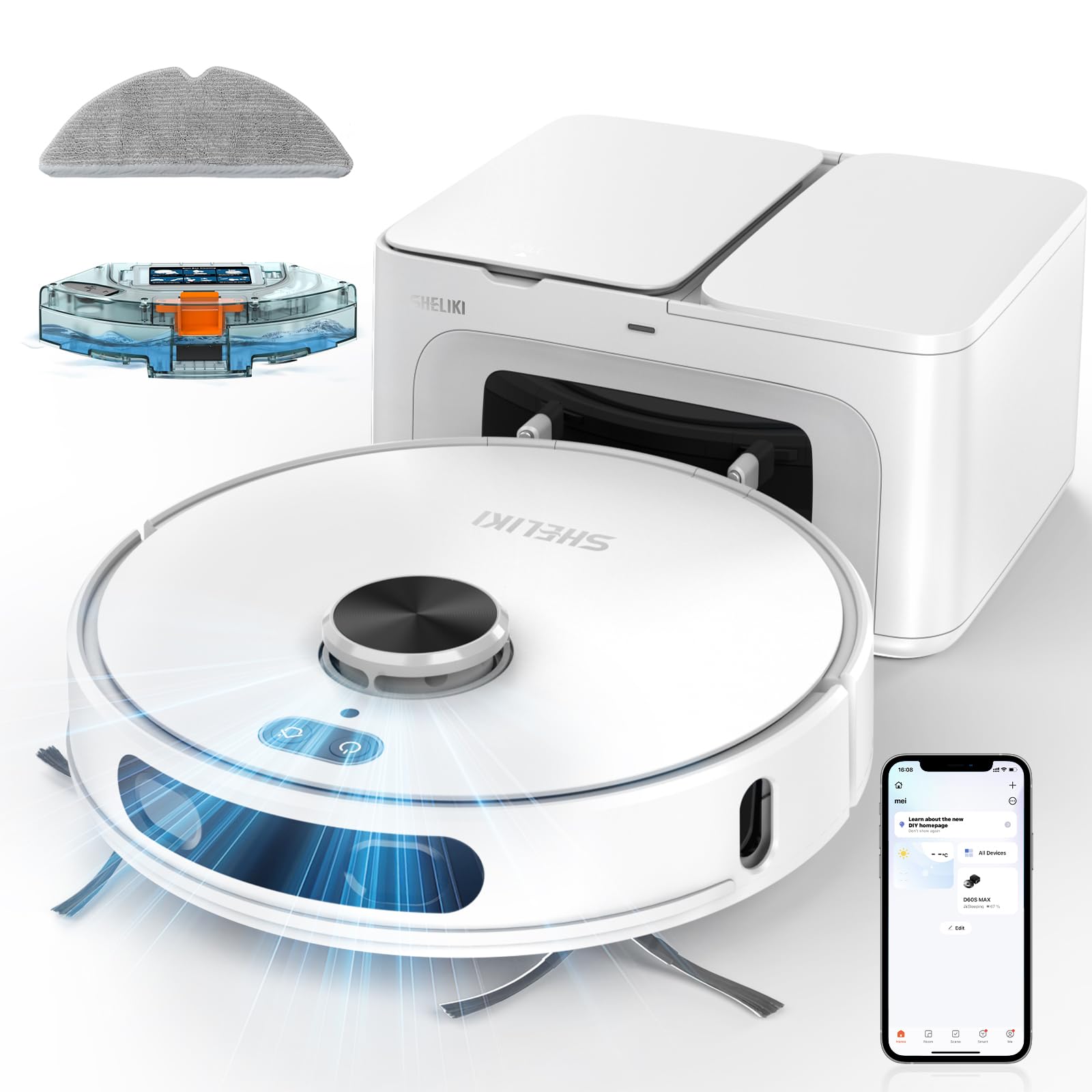 SHELIKI Robot Vacuum and Mop, 3-in-1 Robotic Vacuums Cleaner with LiDAR Navigation Smart Mapping & Max Strong 6000Pa Suction, Self Emptying Bases for 70 Days-White