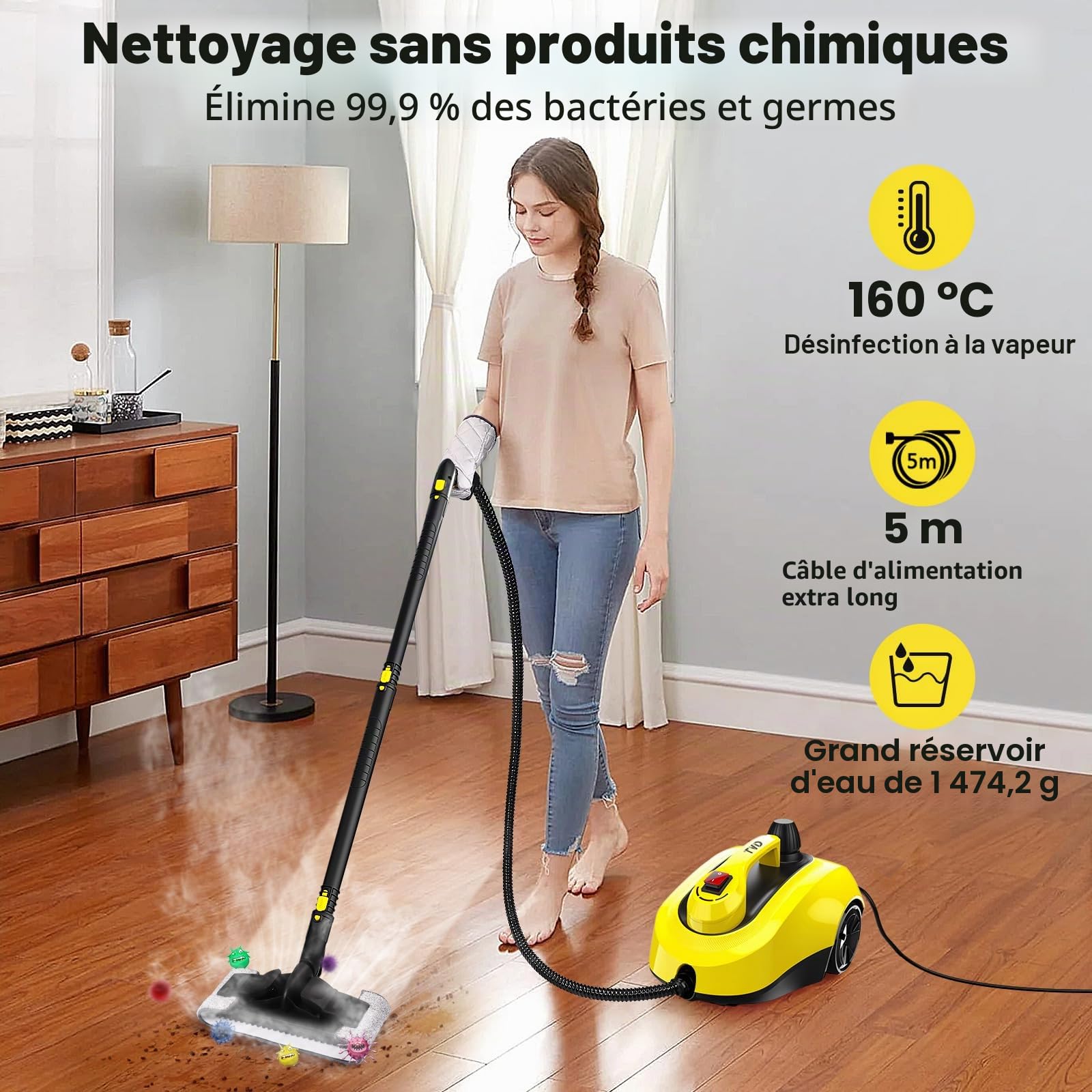 TVD Nettoyeur vapeur pour meubles rembourrés, nettoyeur vapeur avec câble d'alimentation extra long de 5 m pour nettoyeur de sol, four, voiture, carrelage, tapis, coussin, canapé, punaises de lit.