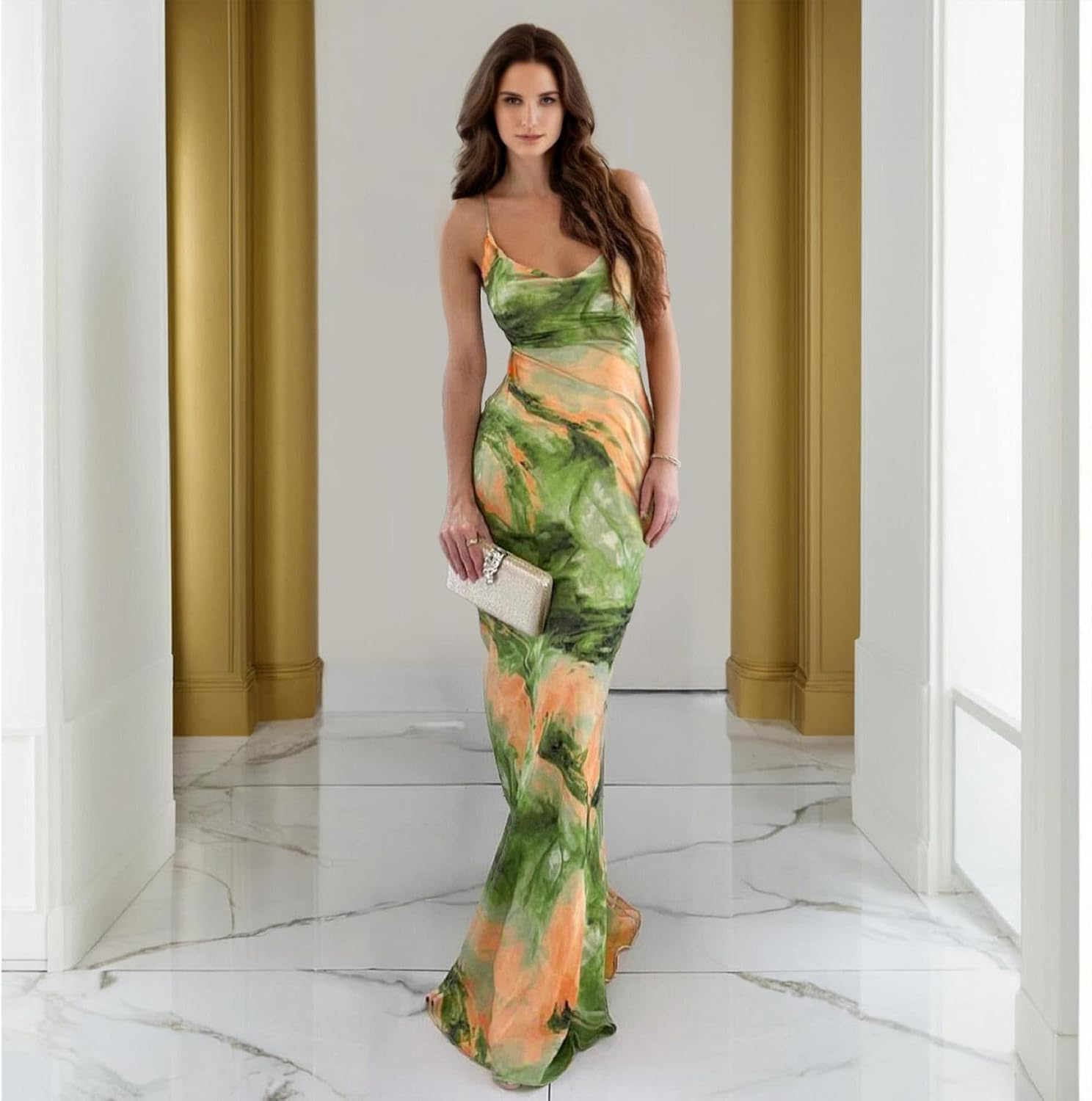 Women Tie Dye Spaghetti Strap Backless Mermaid Maxi Dress Sexy Summer Bodycon Slip Gown Green image 3