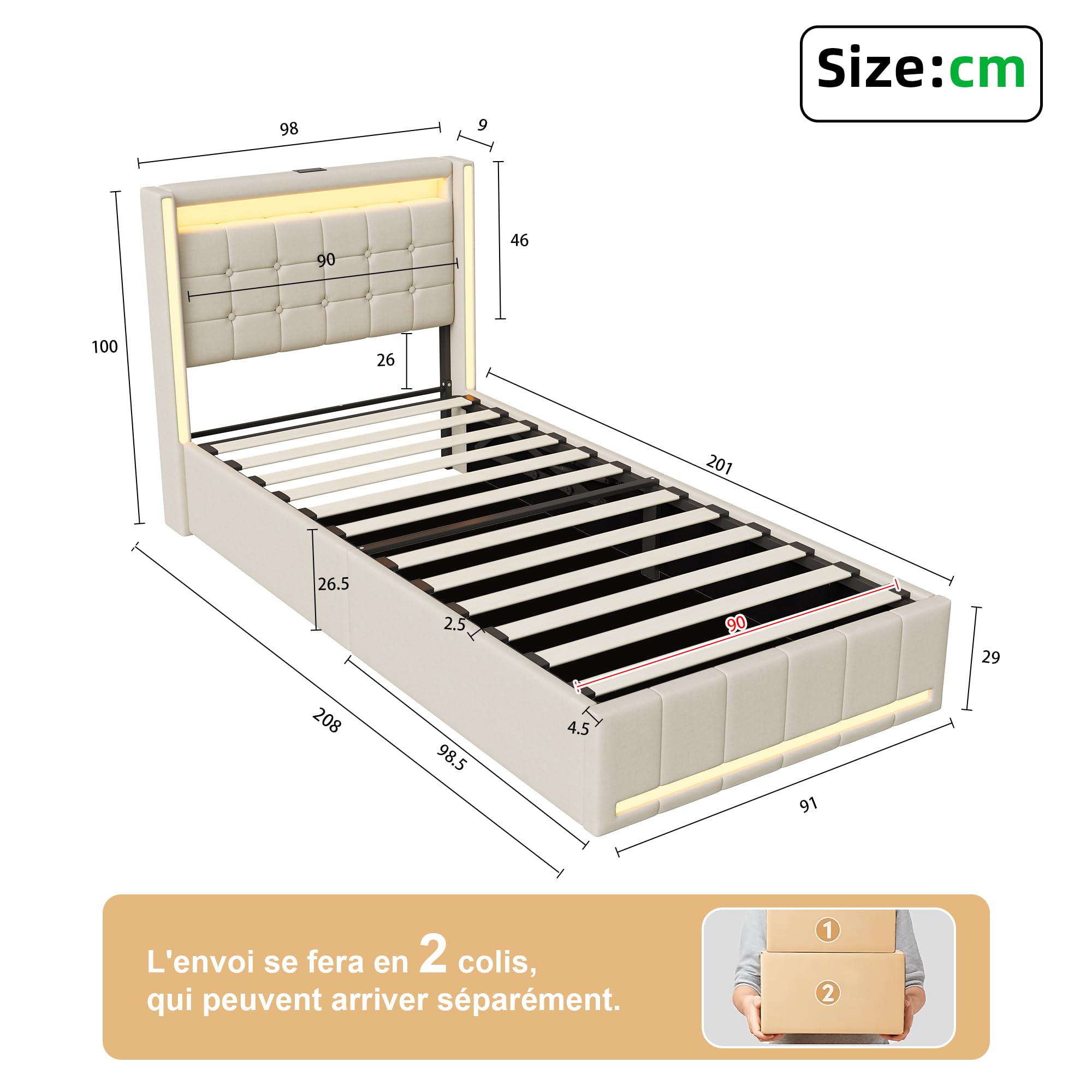 Cama baúl de 90 x 200 cm con LED y USB/Tipo C, cama doble acolchada 90x200 con almacenamiento hidráulico, marco de cama capitoné para 2 personas con somier de láminas, camas para adultos (Beige-D