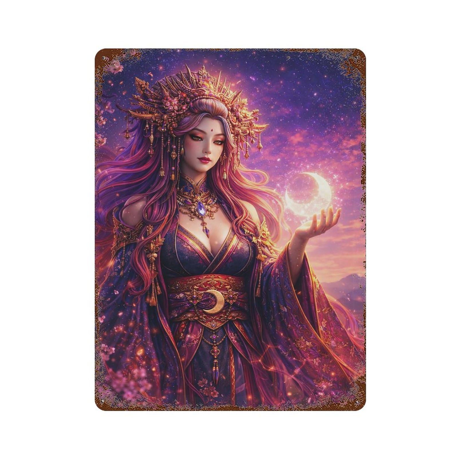 Garage Style Celestial Woman in Sakura Twilight Weathered Tin Sign 15.7"x11.8", Shabby Chic Decor for Bar And Workshop