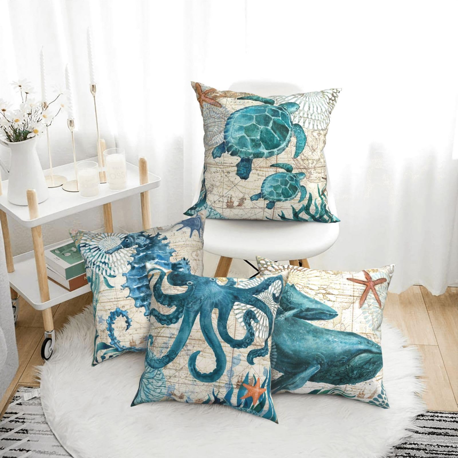 Kissenbezug Mit Ozean-Motiv – Meeresschildkröte, Oktopus & Fische, 45x45 Cm, Aus Baumwollleinen, Mit Reißverschluss