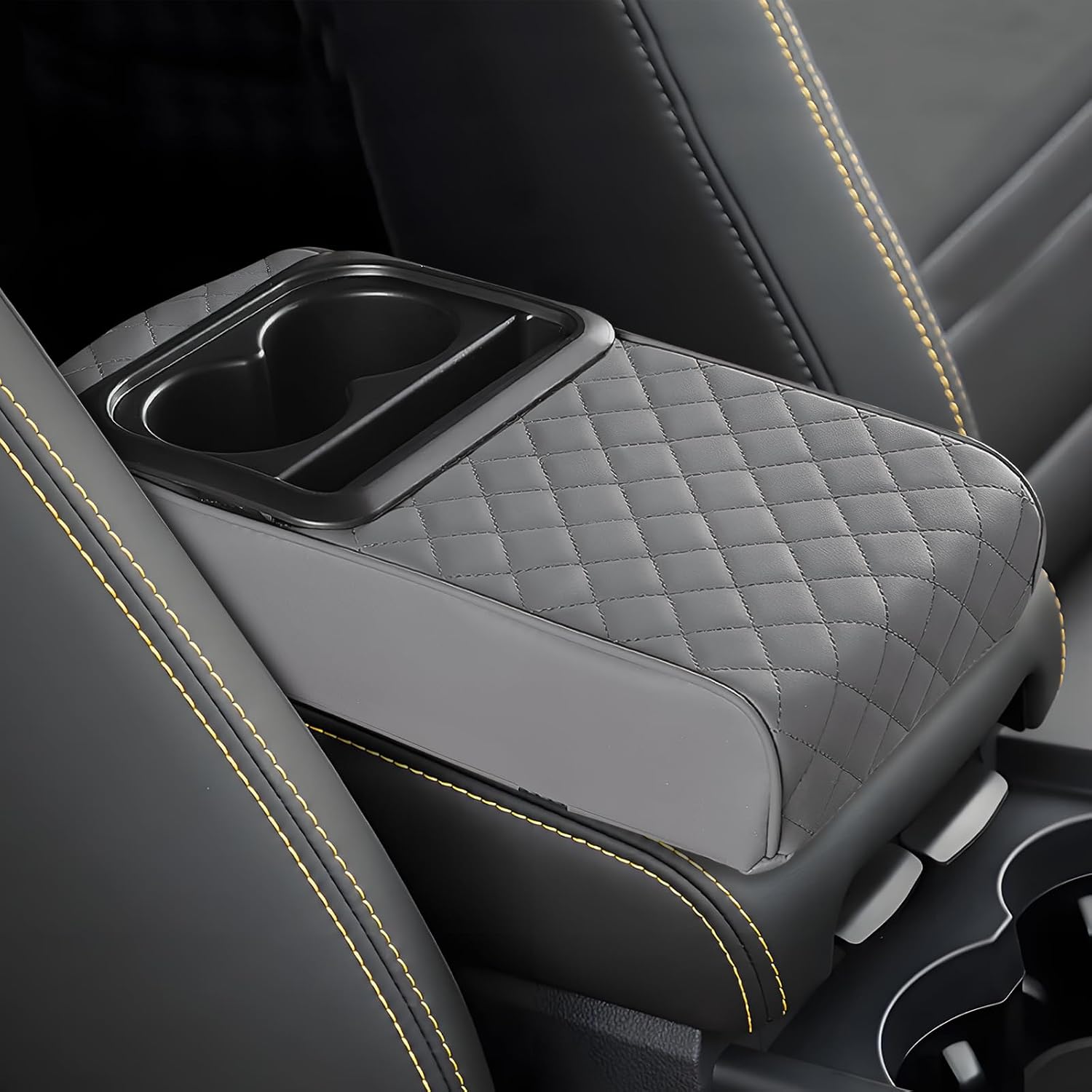 Car Center Console Armrest Pillow, 13.19"×7.87" Leather Car Arm Rest Cover, Memory Foam Auto Armrest Cushion with Cup Holder Phone Slot, Universal Vehicle Middle Console Cushion Pad (Black)